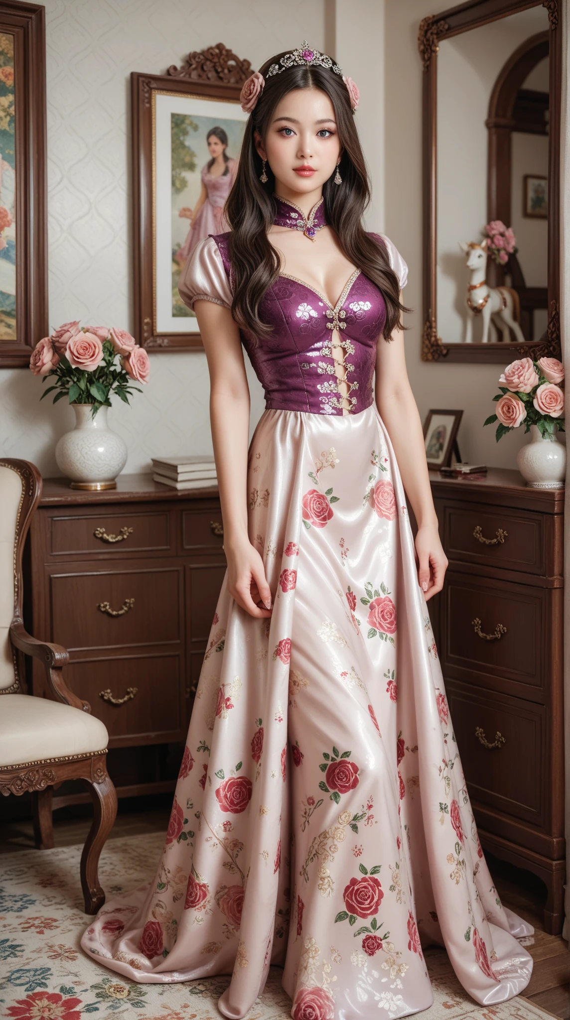  high resolution,  Medieval Luxury Villa ， living room，wallpaper。Shiny Long Hair ,  Wear Purple Shiny Luxury Dress，  Rose Floral Design Dress ，model，Chinese woman，Impressionism, 