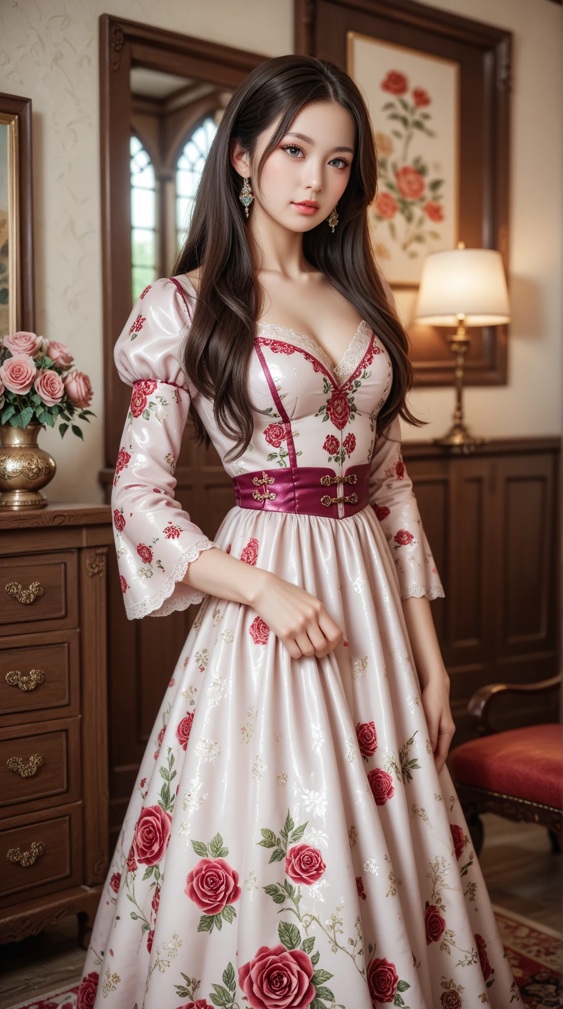  high resolution,  Medieval Luxury Villa ， living room，wallpaper。Shiny Long Hair ,  Wear Purple Shiny Luxury Dress，  Rose Floral Design Dress ，model，Chinese woman，Impressionism, 