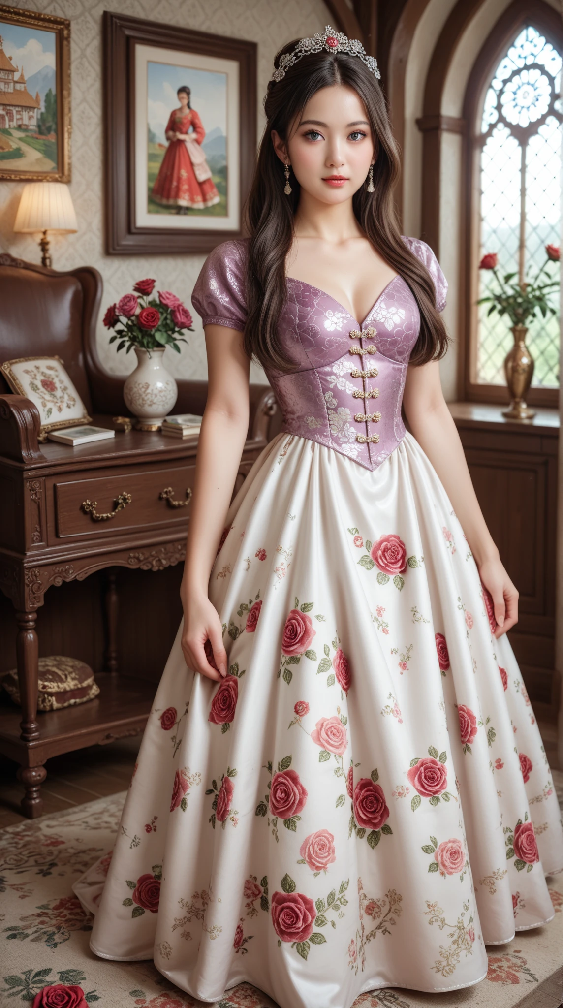  high resolution,  Medieval Luxury Villa ， living room，wallpaper。Shiny Long Hair ,  Wear Purple Shiny Luxury Dress，  Rose Floral Design Dress ，model，Chinese woman，Impressionism, 