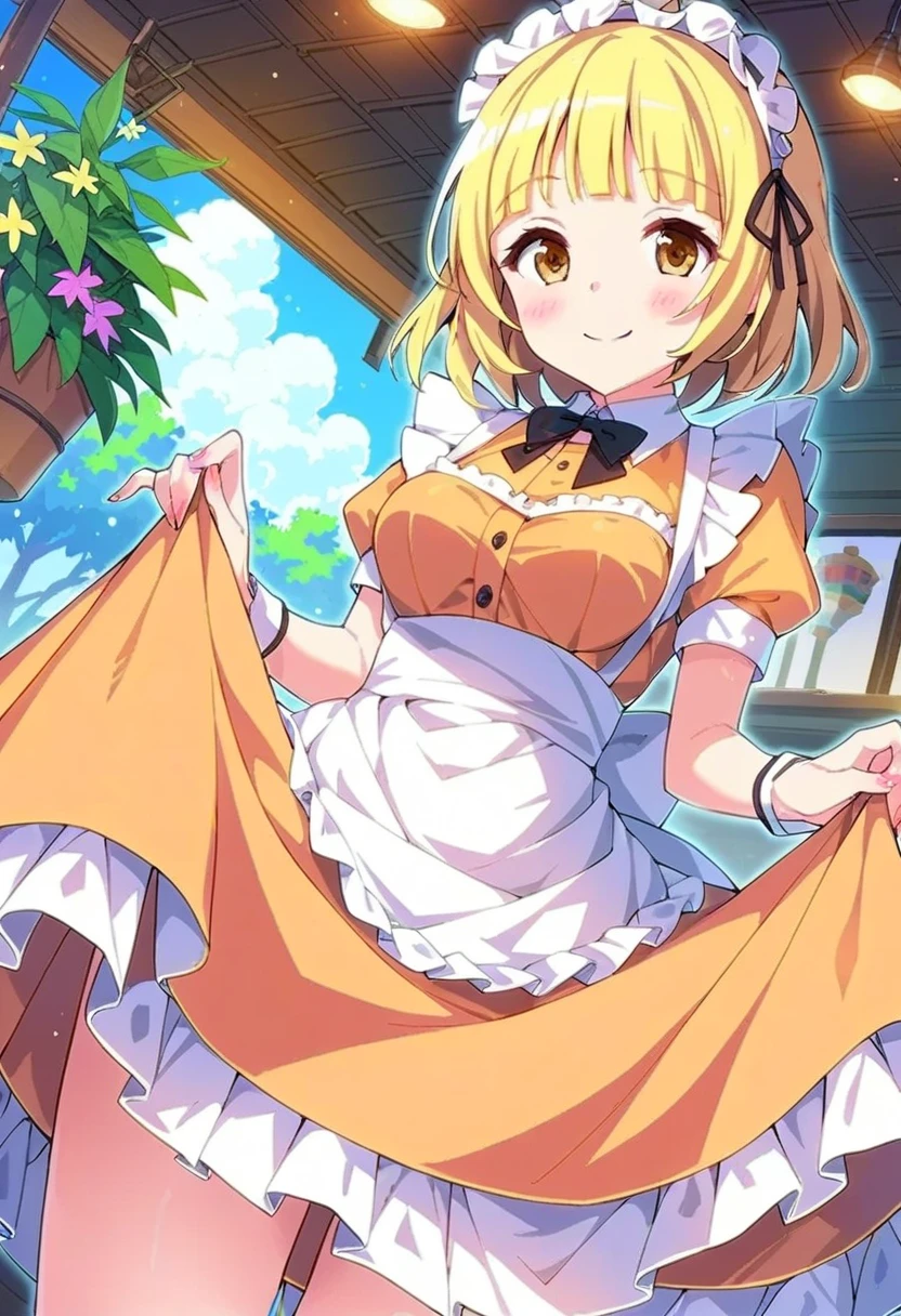 yuki mio, maid dress, orange dress, white apron, skirt lift, smile, heart, cafe