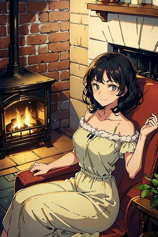 Beautiful girl with wavy shortblack hair ,fox type olive green eyes , wearing a red and white dress fluffy effects,  smilling  ( sitting beside a fire place)