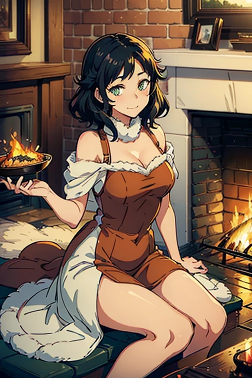 Beautiful girl with wavy shortblack hair ,fox type olive green eyes , wearing a red and white dress fluffy effects,  smilling  ( sitting beside a fire place)