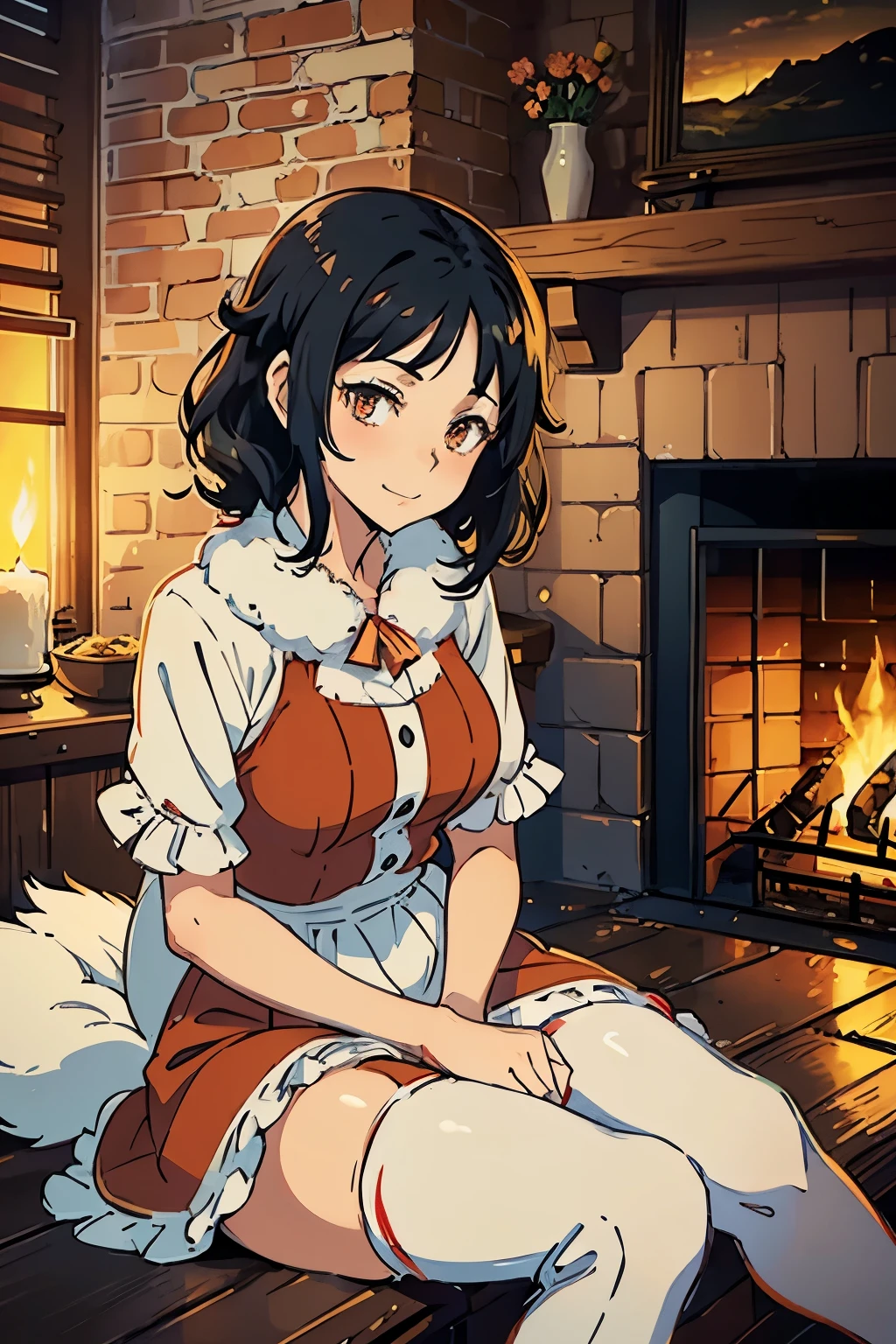 Beautiful girl with wavy shortblack hair ,fox type eyes , wearing a red and white dress fluffy effects,  smilling  ( sitting beside a fire place)