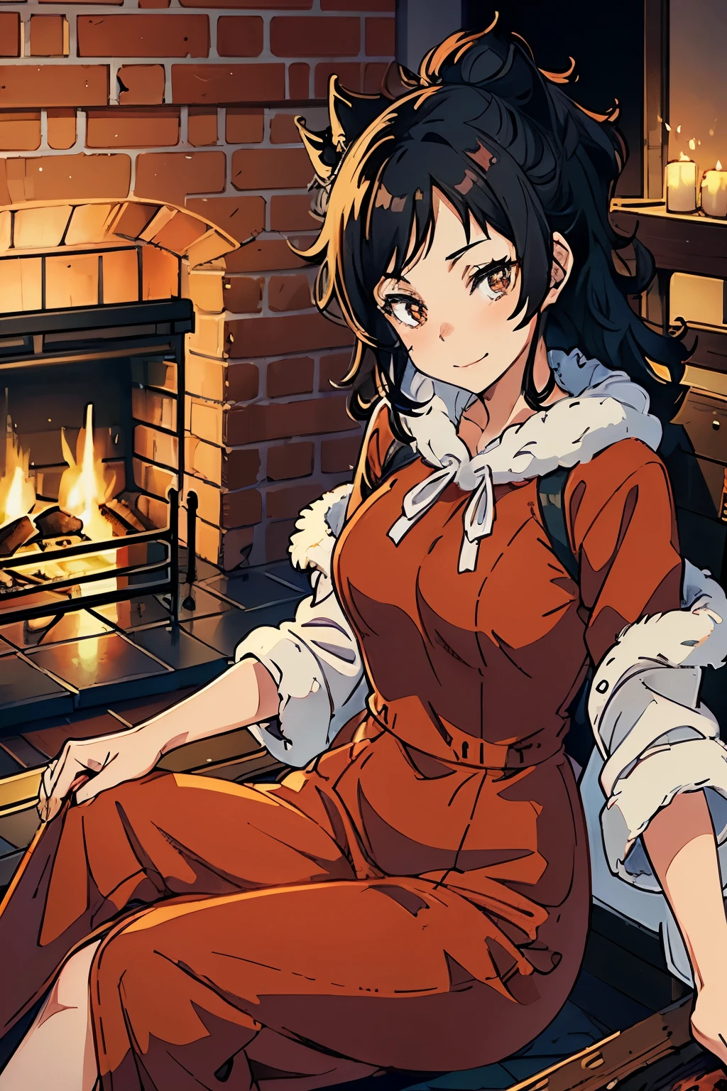 Beautiful girl with wavy shortblack hair ,fox type eyes , wearing a red dress with white fluffy effects,  smilling  ( sitting beside a fire place)