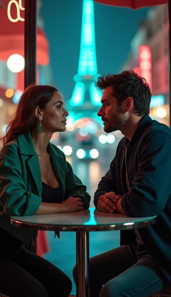 style, half-body photo, couple staring at each other, gorgeous man, gorgeous woman, elegant with short hair, passionate look, atmospheric lighting, 4k UHD, hyper detailed, vibrant colors, sharp focus, masterpiece, time of day, sunny weather, movie, happy lighting, signage points, brighter