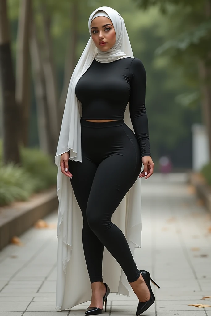 RAW, Best quality, high resolution, masterpiece: 1.3), beautiful Malay woman in hijap:0.8),((big breasts)), perfect nose, perfect lips, perfect eyes, detail :1.2), big breasts, full body, beautiful face, thick thighs, standing on a bench with a black shawl, standing on the ground, casual clothing style, wearing casual clothing, casual pose, wearing casual clothing, white hijab, modern casual clothing, hijab, modern casual clothing, leggings ,standing relaxed, beautiful Malay woman, style, wearing elegant casual clothes, standing on a bench, bokeh background