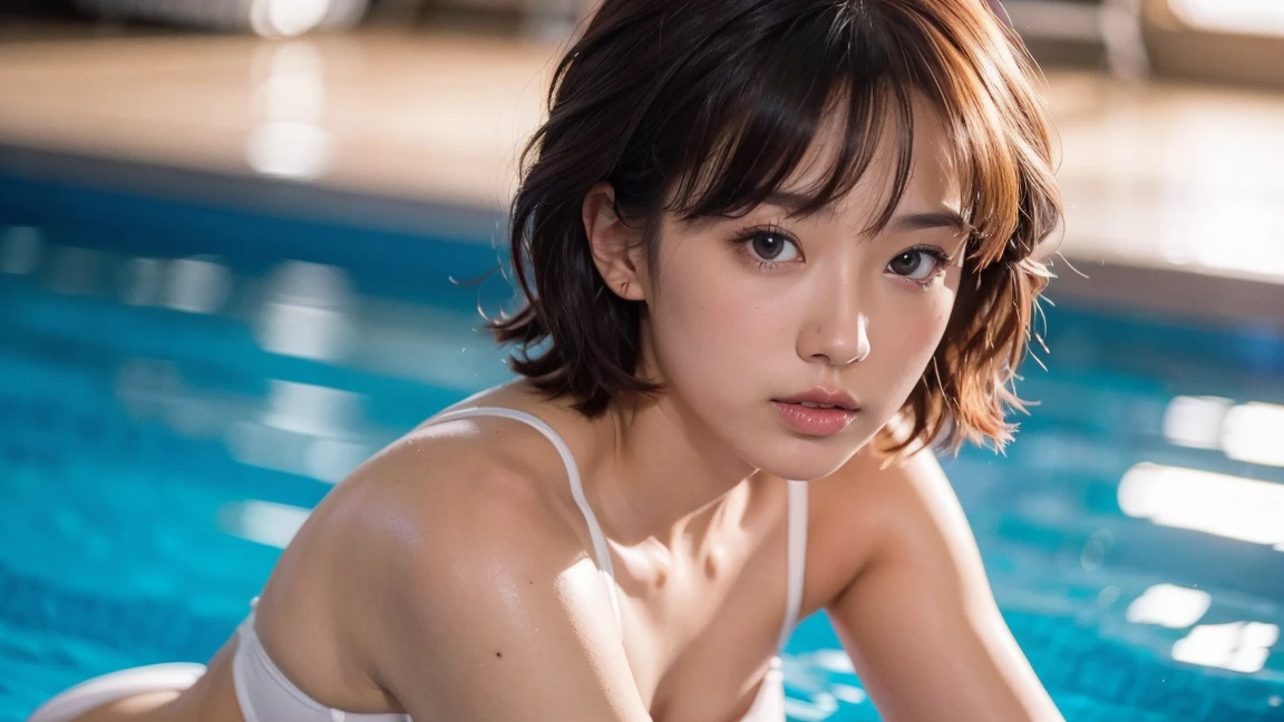 (Best quality, 8k, 32k, Masterpiece, UHD:1.2),Photo of Pretty Japanese woman, 1girl,side portrait, (large breasts:1.2), (tall female), (abs, slim figure:1.2), (lips), (medium-short dark brown hair), double eyelid, wet shirt, realistic ray light, pool