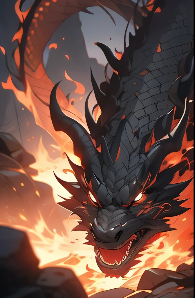 a dragon with a fire in its mouth flying over a mountain, fire dragon, ancalagon the black, the devil in hell as a dragon, dragon art, dragon in the background, drogon, dragon made out of molten lava, “fire breathing dragon, charging through a dragons lair, ''dragon breathing fire, dragon!, black dragon