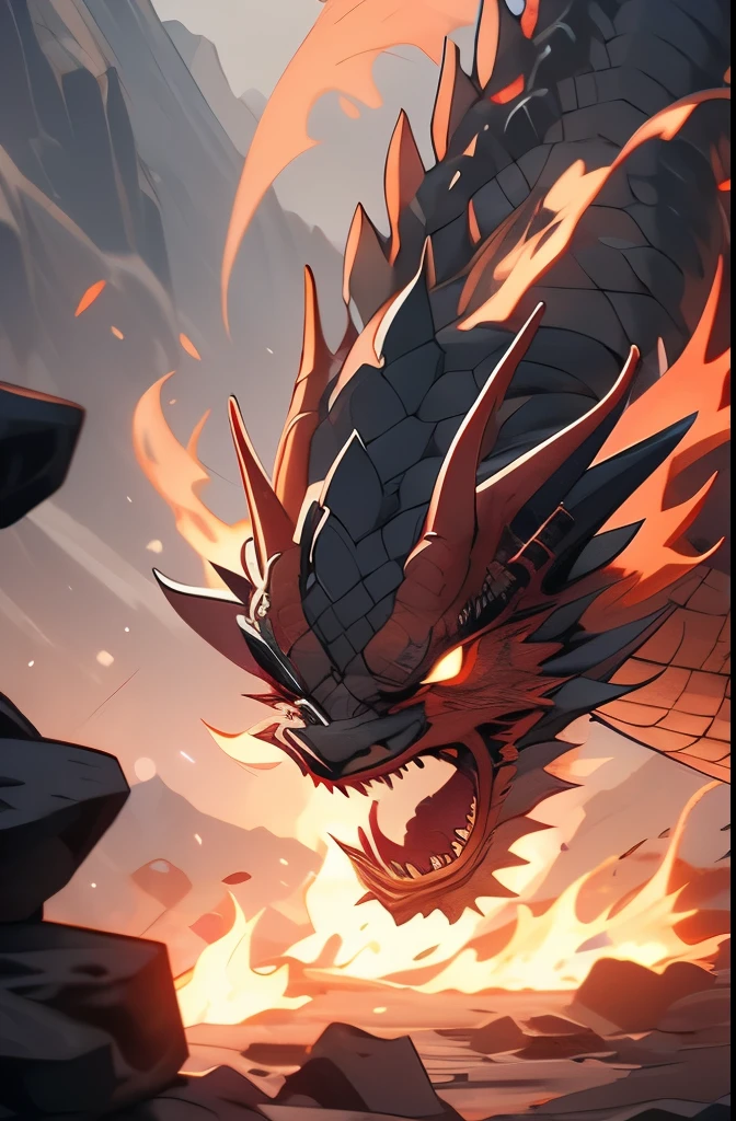 a dragon with a fire in its mouth flying over a mountain, fire dragon, ancalagon the black, the devil in hell as a dragon, dragon art, dragon in the background, drogon, dragon made out of molten lava, “fire breathing dragon, charging through a dragons lair, ''dragon breathing fire, dragon!, black dragon