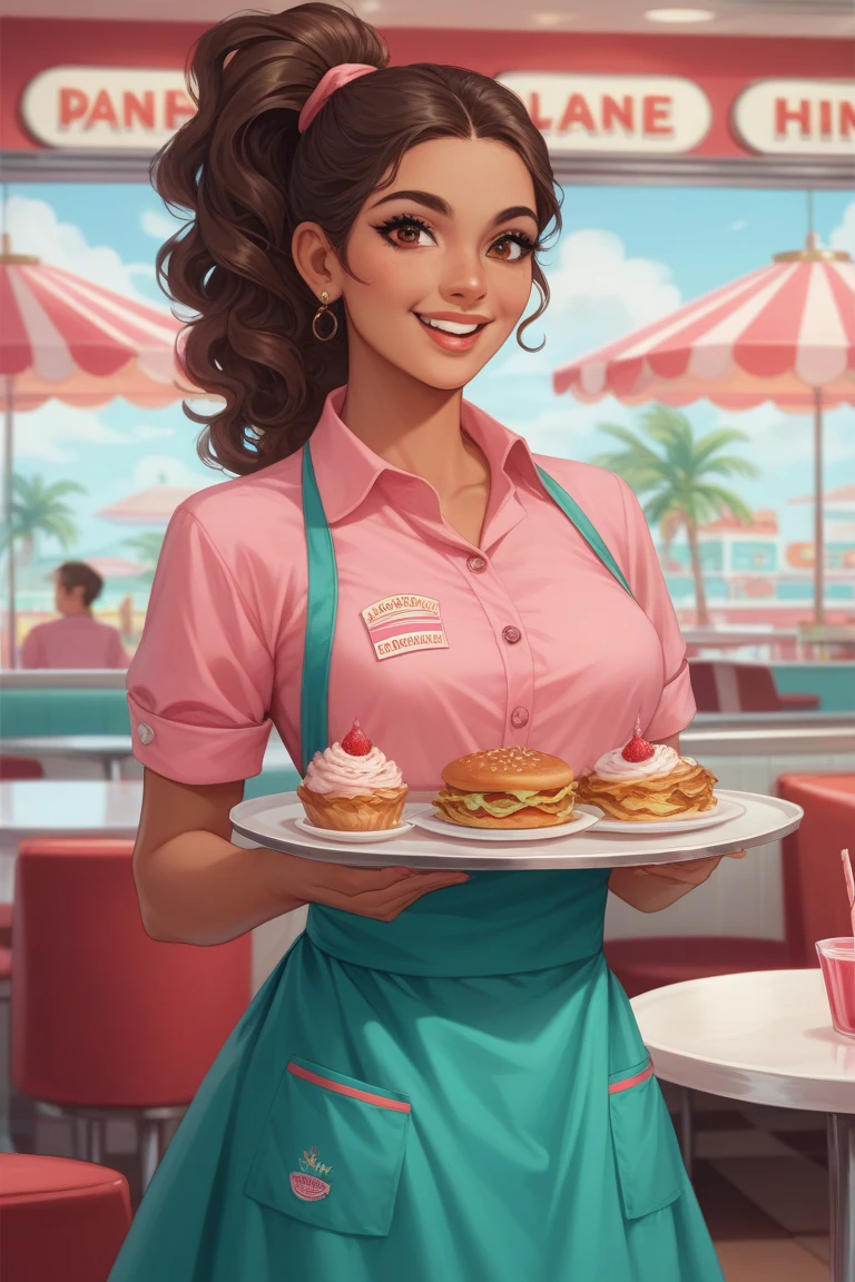 Score_9_up, score_8_up, score_7_up, BREAK, 1girl, solo, anniehigmnf, brown hair, green eyes, pink dress, waitress uniform, apron, diner, large breasts, cleavage, hands on hip, looking at viewer, smirking