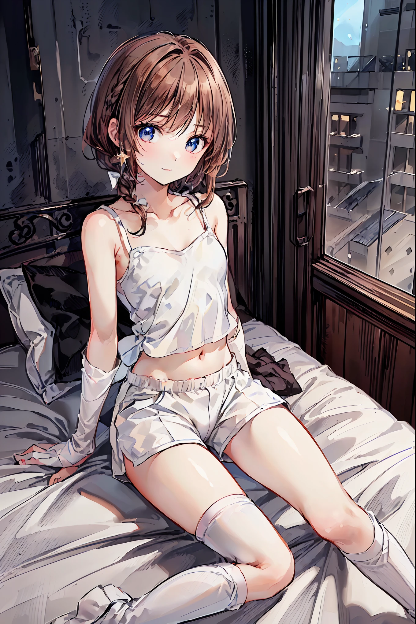   absurd,(masterpiece、  top quality 、8k ),   Intricate Details ,  very detailed、1 cute girl、((movie:1.4)),  Embarrassing  、(  flat chest、bulge:2.2( Brown Hair、(   white camisole ,  white shorts、  White Knee High Socks  :1.3),  on the bed、  surrenders, perfect anatomy，Brown Hair，  shortcuts ，  tousled hair， short braided hair，Neat， Slender and beautiful，Correct posture， small breasts，  beautiful legs， Their enchanting gray-blue eyes shine like stars，Droopy eyes，  bright color,  beautiful eyes,A delicate smile,textured skin,  top quality  best ,   A Parody of a Gentle and Beautiful Woman  ,  anime style ､