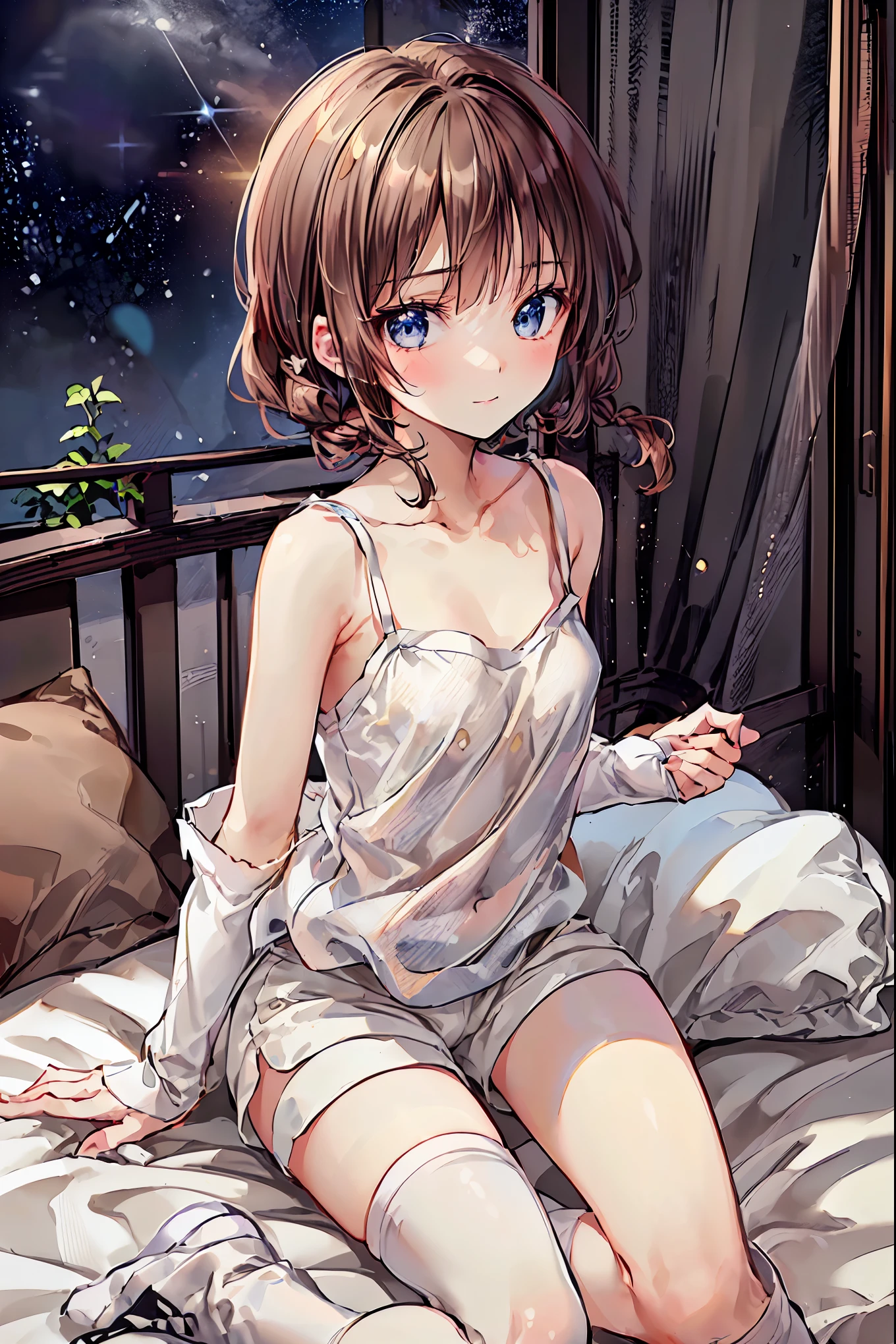   absurd,(masterpiece、  top quality 、8k ),   Intricate Details ,  very detailed、1 cute girl、((movie:1.4)),  Embarrassing  、(  flat chest、bulge:2.2( Brown Hair、(   white camisole ,  white shorts、  White Knee High Socks  :1.3),  on the bed、  surrenders, perfect anatomy，Brown Hair，  shortcuts ，  tousled hair， short braided hair，Neat， Slender and beautiful，Correct posture， small breasts，  beautiful legs， Their enchanting gray-blue eyes shine like stars，Droopy eyes，  bright color,  beautiful eyes,A delicate smile,textured skin,  top quality  best ,   A Parody of a Gentle and Beautiful Woman  ,  anime style ､