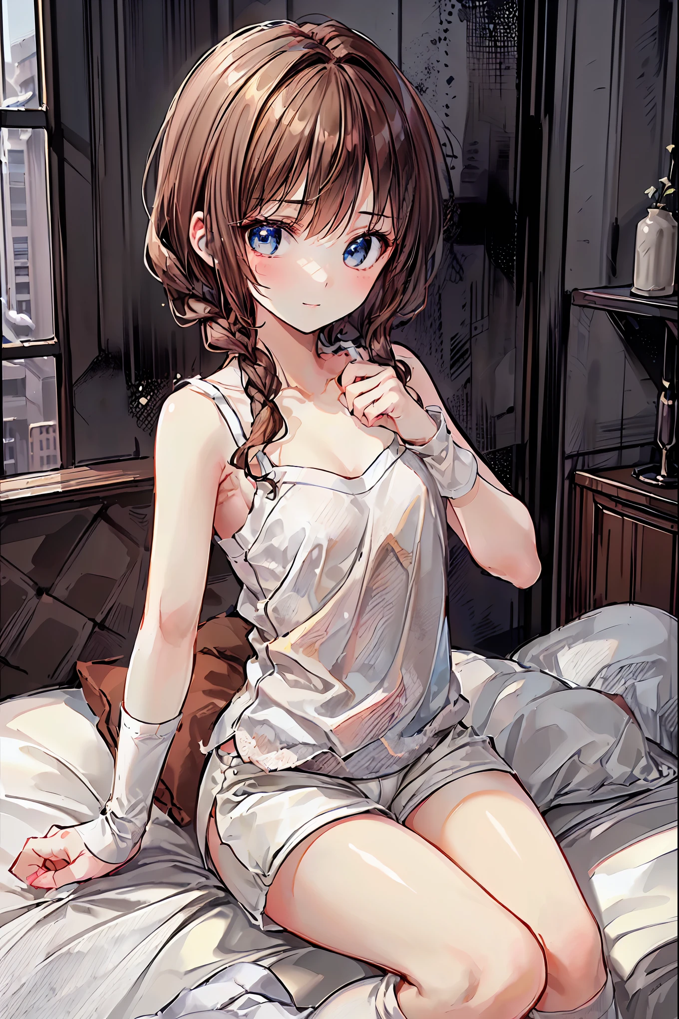   absurd,(masterpiece、  top quality 、8k ),   Intricate Details ,  very detailed、1 cute girl、((movie:1.4)),  Embarrassing  、(  flat chest、bulge:2.2( Brown Hair、(   white camisole ,  white shorts、  White Knee High Socks  :1.3),  on the bed、  surrenders, perfect anatomy，Brown Hair，  shortcuts ，  tousled hair， short braided hair，Neat， Slender and beautiful，Correct posture， small breasts，  beautiful legs， Their enchanting gray-blue eyes shine like stars，Droopy eyes，  bright color,  beautiful eyes,A delicate smile,textured skin,  top quality  best ,   A Parody of a Gentle and Beautiful Woman  ,  anime style ､