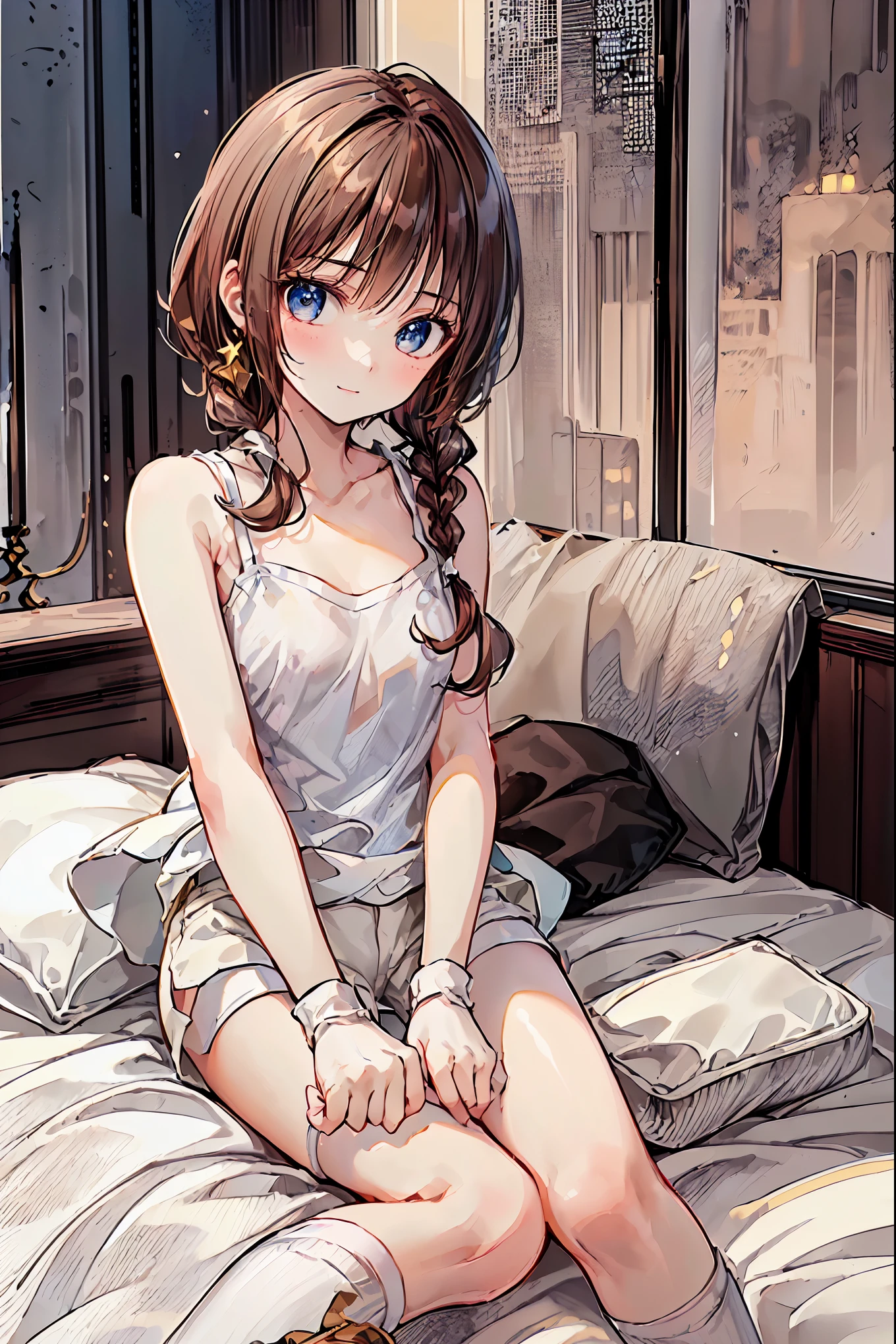   absurd,(masterpiece、  top quality 、8k ),   Intricate Details ,  very detailed、1 cute girl、((movie:1.4)),  Embarrassing  、(  flat chest、bulge:2.2( Brown Hair、(   white camisole ,  white shorts、  White Knee High Socks  :1.3),  on the bed、  surrenders, perfect anatomy，Brown Hair，  shortcuts ，  tousled hair， short braided hair，Neat， Slender and beautiful，Correct posture， small breasts，  beautiful legs， Their enchanting gray-blue eyes shine like stars，Droopy eyes，  bright color,  beautiful eyes,A delicate smile,textured skin,  top quality  best ,   A Parody of a Gentle and Beautiful Woman  ,  anime style ､