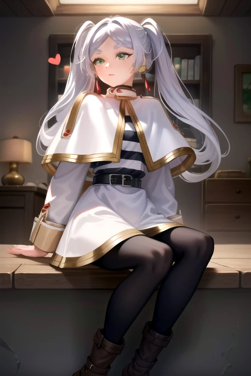 (masterpiece,  top quality ),    Intricate Details ,
 1 girl,     Freelen , green eyes, long hair, twin tails, split bang, earrings for women with first name,gem, dress, Long Sleeve , white capelet,belt, black pantyhose, boots,Brown footwear,
 between,  hot,  Heart hand ,  crosses legs