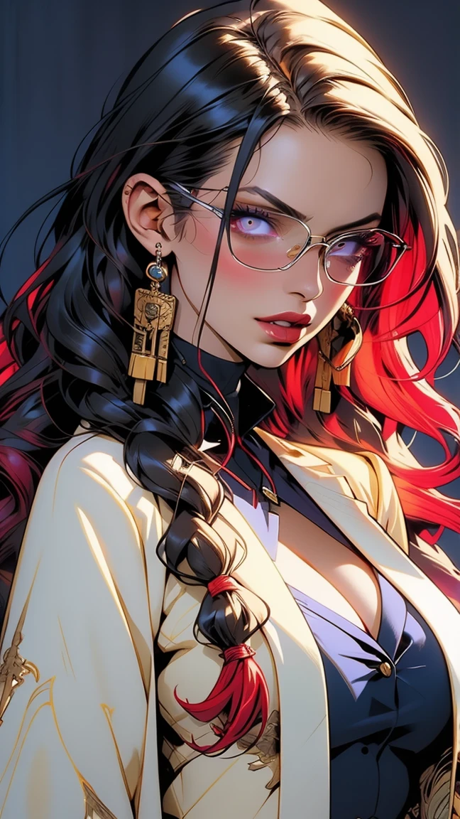 Assassin female gothic model (massive H cup breasts, full lips, cleavage, transparent clothing) with grey eyes and red braided hair, wearing a white tuxedo jacket, in the style of fancy embossed Tarot card, yellow and purple, dc comics, romantic academia, loose gestures intricately detailed, intricately textured, color depth, dramatic lighting, bold Japanese kanji signs backdrop