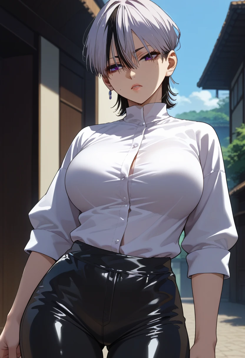 score_9,score_8_up, 1girl, takeda kaneshiro, black latex pants, white shirt, big breasts