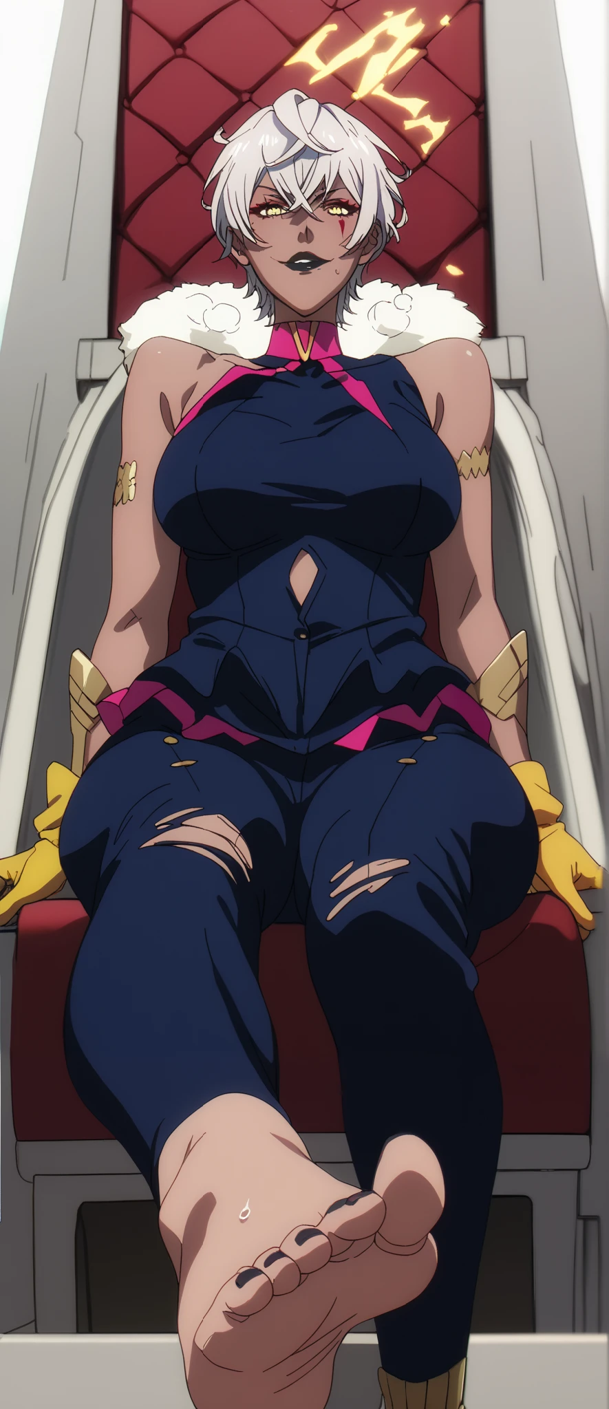 full body sitting on a bench showing ass to me, BLUE breastplate, BLUE skin (1girl)(BLUE skin:1.2), looking at viewer, shiny, armor, thigh highs, high boots, pauldrons shoulder armor, faulds, poleyn, gloves, gauntlets, rerebrace armored boots, (masterpiece, best quality, ultra-detailed, best shadow) yordle pointy ears muscular lean platinum blonde long twin-tails hairstyle at the office lustful smirking smile face red blushed, blush, strong abs, female body builder, tiara, twin drills hair