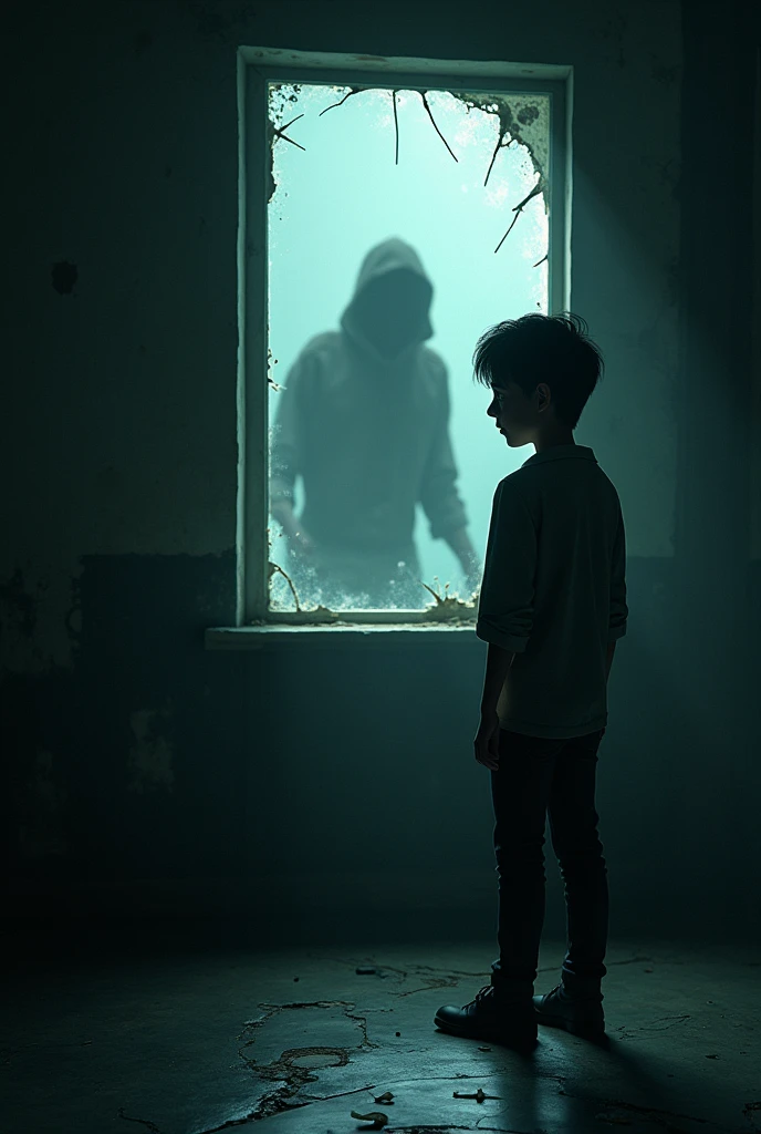 Generate in cinematic 3d cartoon style 
shadowy figure passing by a cracked window as the reporter looks towards it, startled."