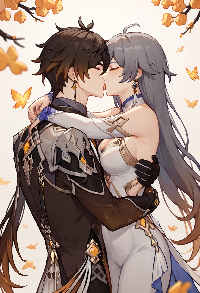 1 boy , 1 girl, grey hair, brown hair, Fu Hua,zhongli,kiss ,hug, zhongli kiss Hua,zhongli Genshin,f Hua honkai impact