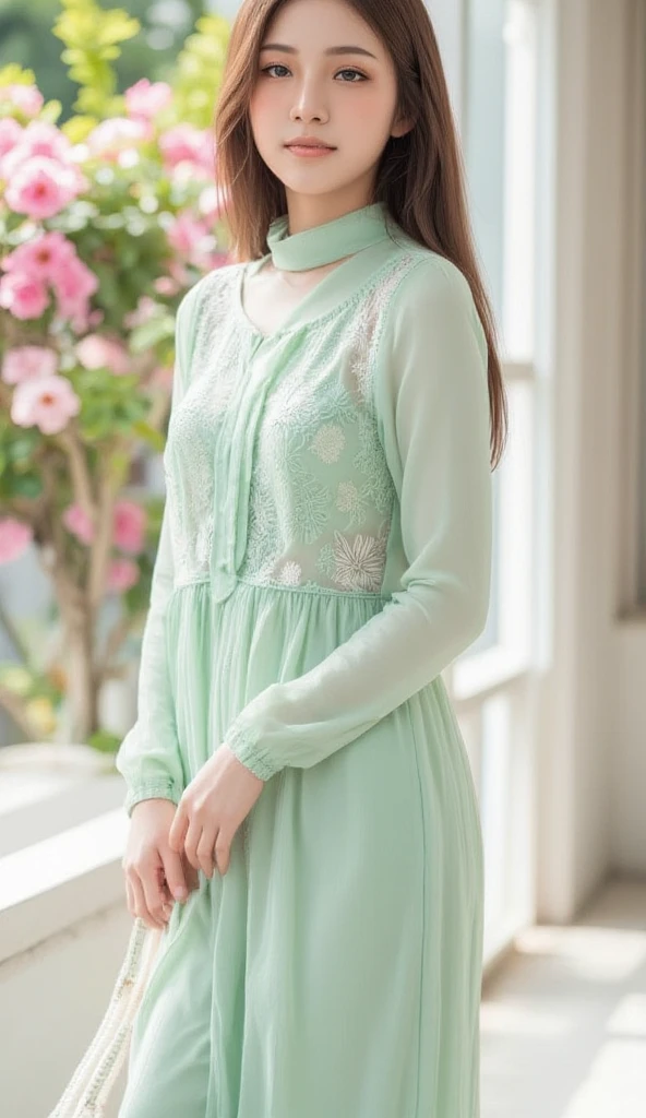 [Subject]: Young woman with A high-fashion editorial photograph of an elegant woman wearing an baju kurung kebarung 
[Details]: She wearing a pastel green baju kurung kebarung , The dress decorate with intricate lace and floral embroidery, complemented by a matching long layered flowy pastel green hijab. 
[Environment / Background]: She stands gracefully in a luxurious indoor setting with soft, natural light streaming through tall windows. The background features pastel pink and white flowers blooming A wide, down perspective reveals a polished white-tiled pathway, creating a dreamy and romantic ambiance.
[Lighting]: Soft, diffused lighting creates a cozy and warm atmosphere, illuminating the subject’s outfit,
[Style]: Photorealistic, highly detailed portrait.
[Mood / Atmosphere]: Festive, warm, and inviting,
[Camera Angle]: wide-angle shot (down perspective), capturing the subject stands on center
[Quality & Resolution]: Ultra-high resolution with sharp details, ensuring clarity in textures, colors, and light reflections.
[Other Specifics]: The luxury handbag.