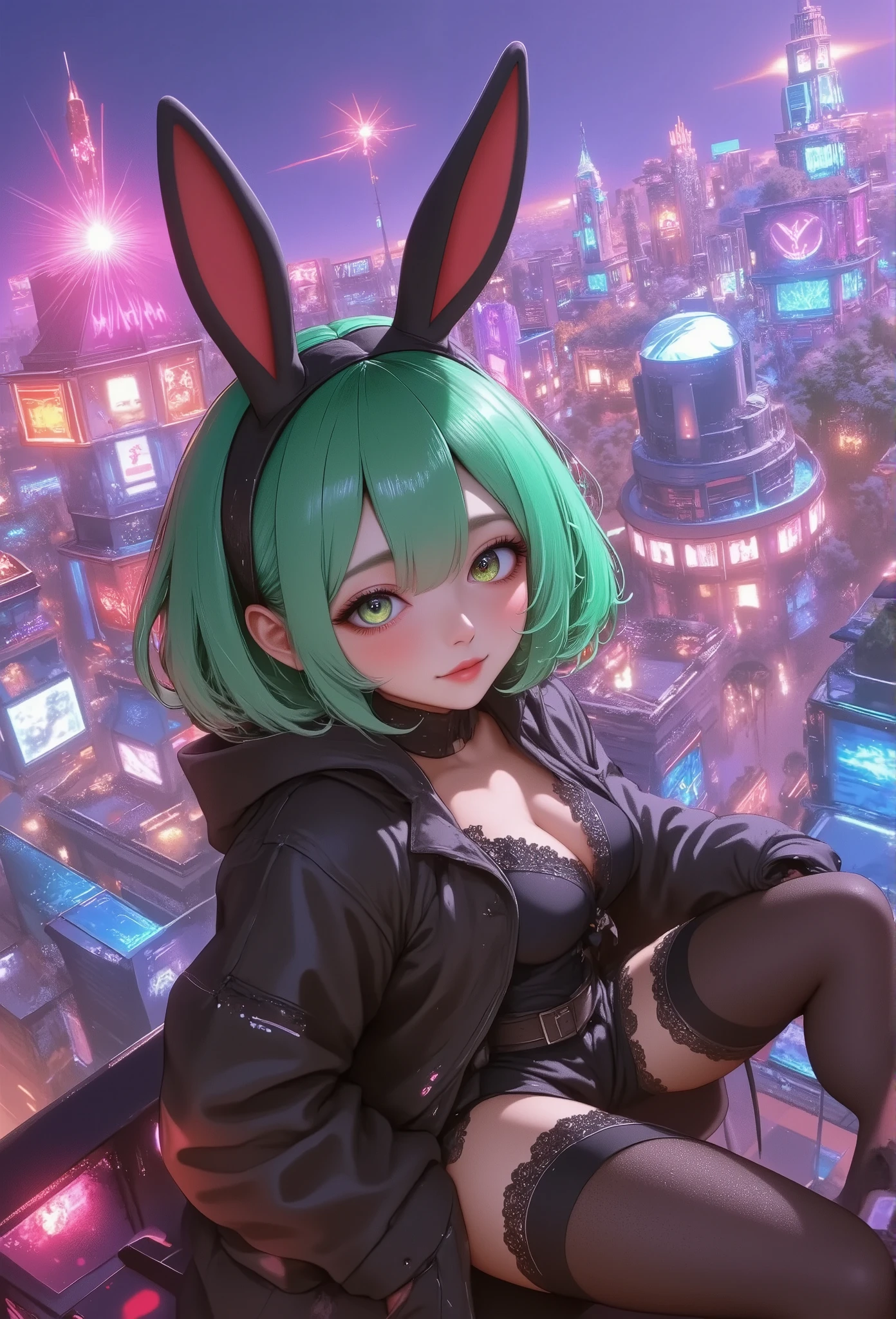 photo realism illustration,1 girl,chibi, trk,cute, young, green hair, bob haircut, green eyes, playboy bunny, thigh high, seductive smile,background\(
Fantasy style,illustration,best quality,detailed background,Gradient,Art Deco style,Glow Effect,neon colors,city skyline,bright lights,urban nightscape,casino-themed decor,palm trees,animated billboards,purple and gold hues,perspective depth,geometric patterns,atmospheric lighting\), The colors used blend naturally with the background and her.