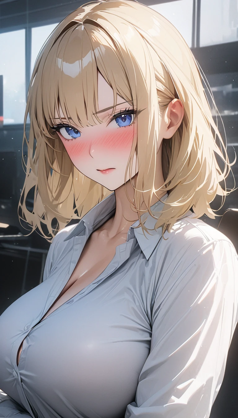 (((( super high res)))), (((最 High Quality )), ((masterpiece)), ( Details), 最 High Quality ,  High Quality , 超 Details,  perfect face, 4K, 8k, ((ultra quality)), ((1 woman, 28 years old, blue eyes, blond hair: 2.5, medium hair, wispy bangs, glamorous, squatting:2.5, spread legs:2.5), from front, low angle, Full Finger,  shiny hair、 pubic skin, blush, embarrassed, Big Breasts,  Big Breasts ,  business shirt, black panties, high heels,