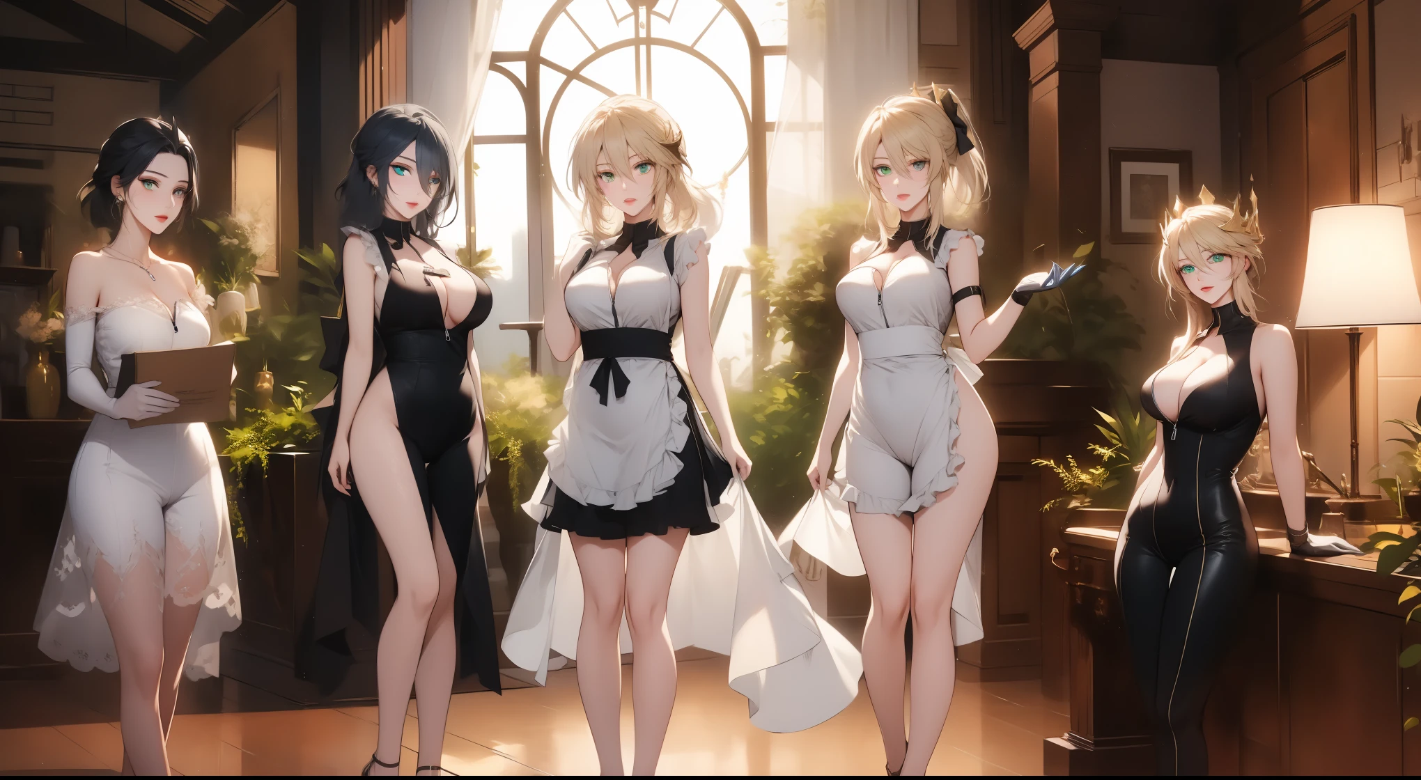 Artoria Lancer, mature woman, elegant, blonde hair, green eyes, crown,
BREAK ((black jumpsuit,beautiful face, hyperdetail face, hyperdetail bodysuit, half zipper open, cleavage:1.5))
BREAK
BREAK (masterpiece:1.2), best quality, high resolution, unity 8k wallpaper, (illustration:0.8), (beautiful detailed eyes:1.6), extremely detailed face, perfect lighting, extremely detailed CG, (perfect hands, perfect anatomy),