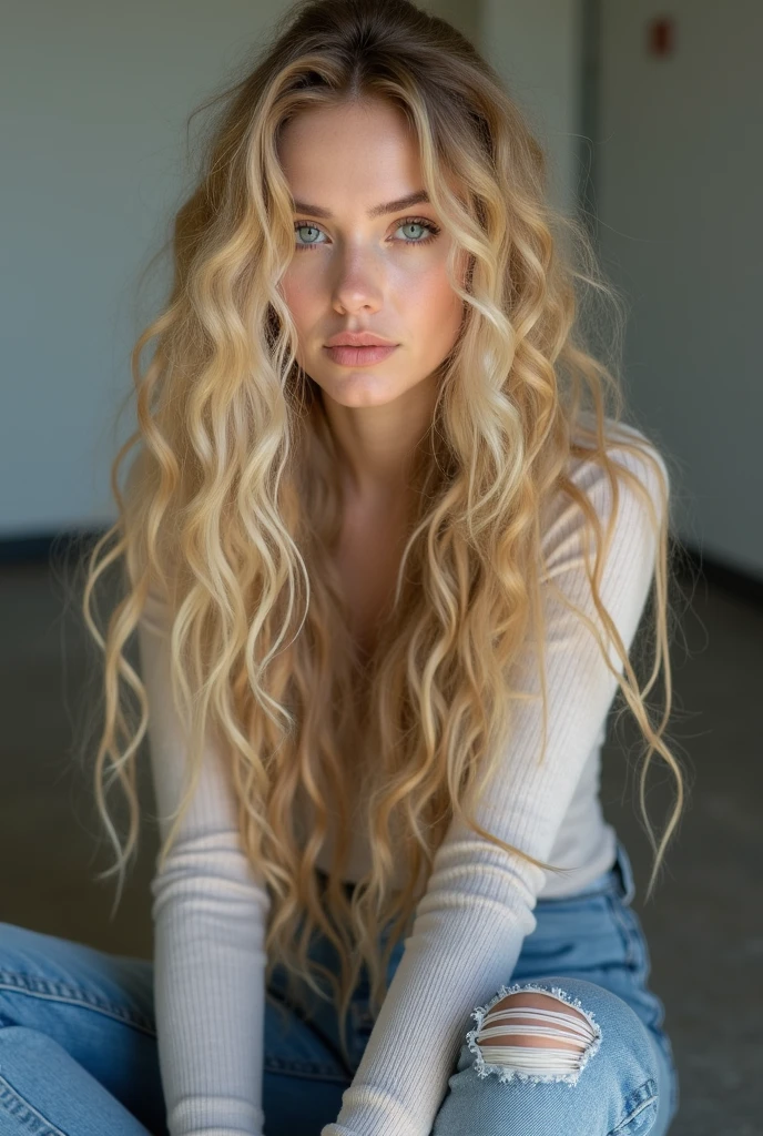 Rear view of 1 Russian Woman, legitimate albino, extremely thin and beautiful, perfect body, round ass, thin waist, wide hips, (well-shaped and delicate face with (freckles)), skin with highly detailed depth, is leaning against a wall brick, (hair over eyes, long, slightly messy and shiny, wavy blonde hair), (detailed, big bright eyes, light green eyes, curled eyelashes, big glasses), (sensual pout with mouth), wearing a sweater short, showing her shoulders, (she is sweaty (shining with sweat)), ultra-realistic image, perfect symmetry, vibrant and sharp, dynamic vision, high level of detail and definition, 1200 dpi - Photographic resolution with greater color realism, hyper-realistic, High fidelity, cinematic, 4K UHD image resolution.