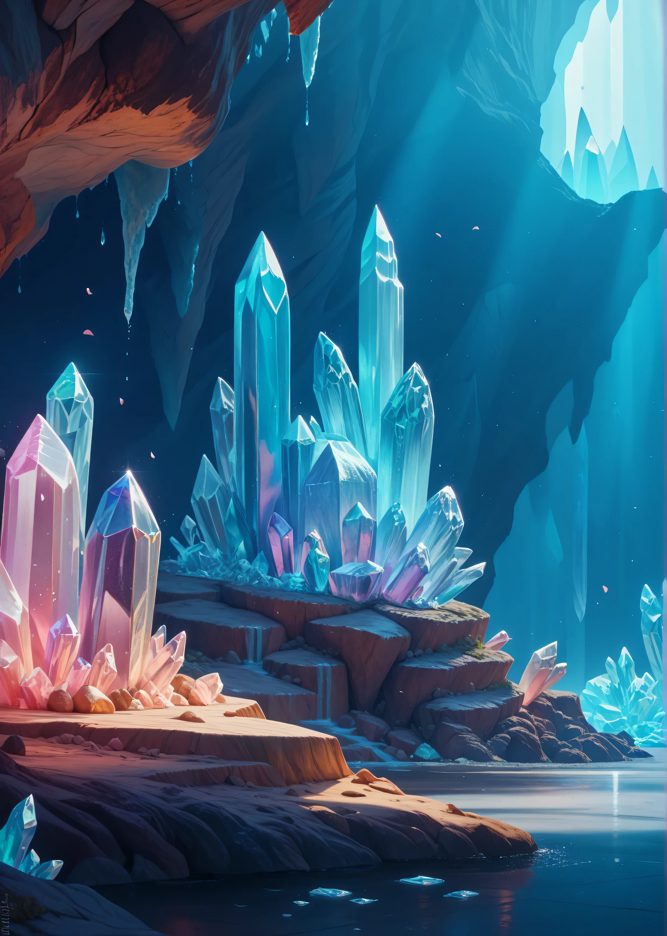 best quality, masterpiece, hd, 8k, dslr, high resolution, detailed, beautiful colorful ice cavern background,  wet dripping ice features, crystals, detailed background, bioluminescent,  color pop, dynamic lighting 