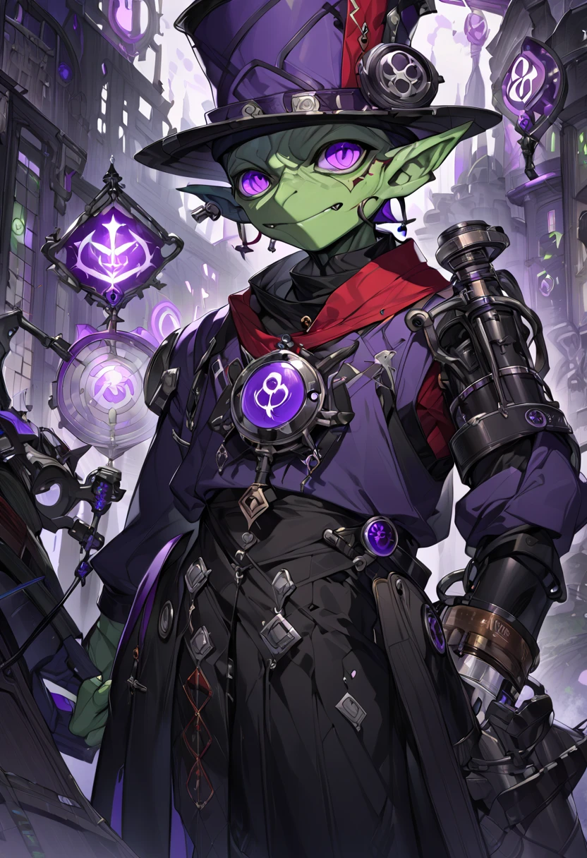 a goblin with a purple hat, the right arm is mechanical, wearing black pants and a red blouse with an alchemical symbol, he belongs to the alchemist class, high definition 8k