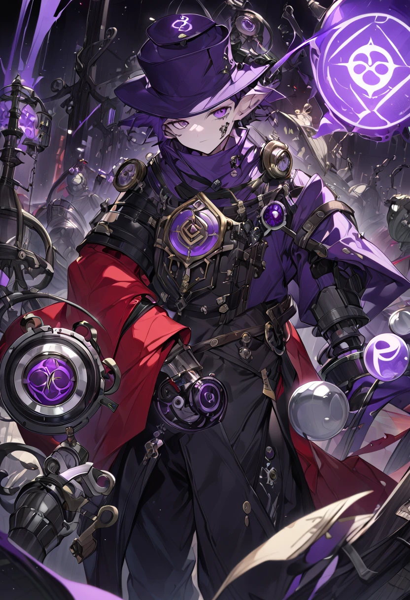 a goblin with a purple hat, the right arm is mechanical, wearing black pants and a red blouse with an alchemical symbol, he belongs to the alchemist class, high definition 8k