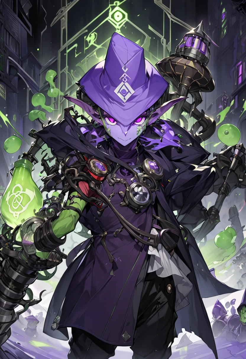 a goblin with a purple hat, the right arm is mechanical, wearing black pants and a red blouse with an alchemical symbol, he belongs to the alchemist class, high definition 8k