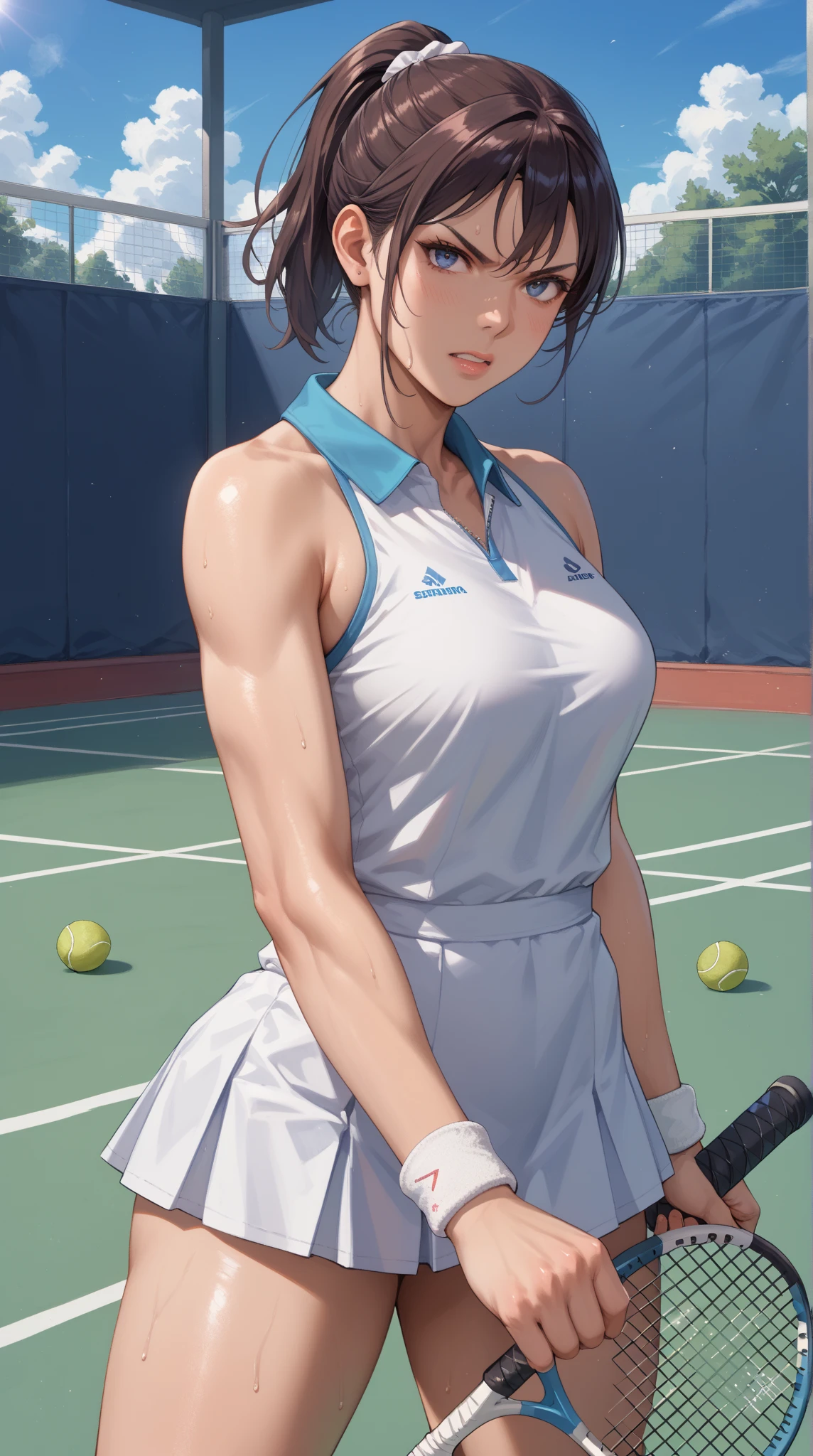 sksbrooke person, sksbrooke, (masterpiece:1.2), (best quality:1.2), perfect eyes, perfect face, 1girl, solo, brown eyes, (medium breasts), perky breasts, blue and black tennis uniform and shirt, tennis court background, smiling