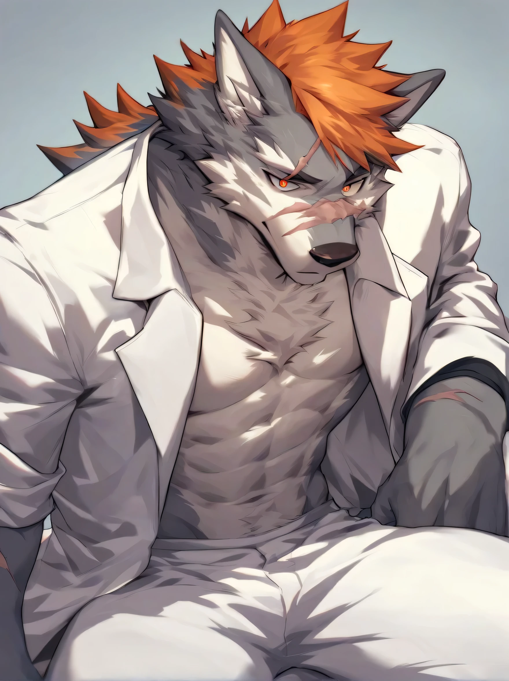 Male gray wolf ， gray-white fur ，  Orange Hair  ，golden red pupils，  gentle expression ，White pants ，There is a scar on the left eye ，source_  furry,  White suit, Blep, by littleblackalas 