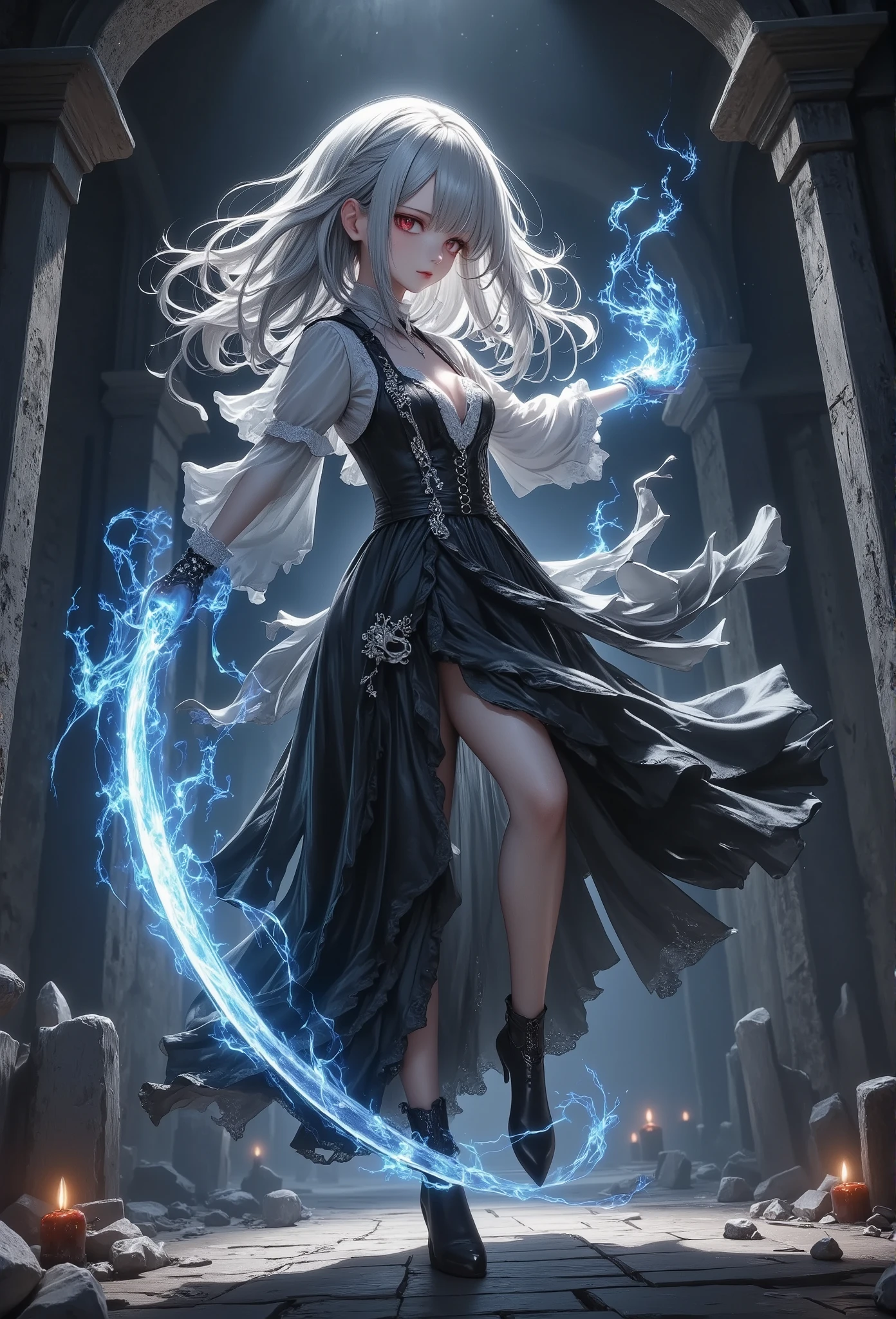 masterpiece, best quality, dark gothic style,ultra-detailed, a confident white-haired girl wielding a large scythe, her body leaning slightly forward with one leg stepping out, as if taunting or daring someone to approach, her eyepatch partially obscures one of her sharp, red eyes, giving her a mysterious and dangerous look, her long, silver hair cascades down her back, flowing as if caught in an invisible current, she wears a gothic-style dress that is torn and tattered at the edges, adorned with pearls and bones, giving a sense of ancient power, her hands glow with blue ethereal flames, swirling and dancing around her, creating a mystical aura, her expression is one of amusement mixed with a hint of cruelty, as if she finds the situation entertaining, behind her, shadowy, abstract forms seem to writhe and pulse, giving life to the darkness, the background is dark and foggy, with occasional bursts of light from the blue flames illuminating the surrounding shadows, the overall atmosphere is eerie and foreboding, with the woman standing as the focal point, exuding both beauty and terror, the faint glint of the scythe’s blade adds a sense of anticipation, as if a battle is about to commence, her stance and the motion of her hair suggest a readiness to move, making the scene dynamic and full of tension.background\(Dark Fantasy style,illustration,best quality,dramatic lighting,Chiaroscuro,Impressionism style,underground cave,lightning illuminating the cave entrance,thick smoke drifting through the air,stalactites and stalagmites,wet glistening rock surfaces,ancient carvings on walls,glowing crystals emitting eerie light,shadowy pools of water,deep shadows,twisted roots breaking through the stone,haunting atmosphere,mystical fog in cool blue and gray tones\)