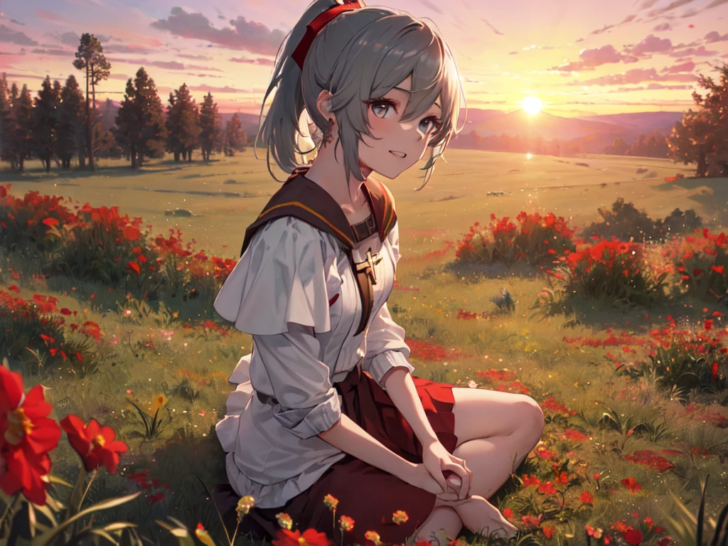 (Solo:2), (One young woman:2), (Small butt, small breasts), Cleavage, (Human ears, earrings), Silver hair, (Ponytail:2), Hair accessories, Earrings, (Sitting cross-legged:2), (Modest toothy smile), (Pink-based outfit), (Summery cable knit), (Miniskirt), (Suspenders), (Grassland surrounded by lots of red flowers:2), (Sunset:2), (Focus on breasts), (Accurate body structure, Accurate hand structure, Accurate finger structure, Highest quality, High resolution, 8K, High quality, Detailed, Delicate, Detailed)