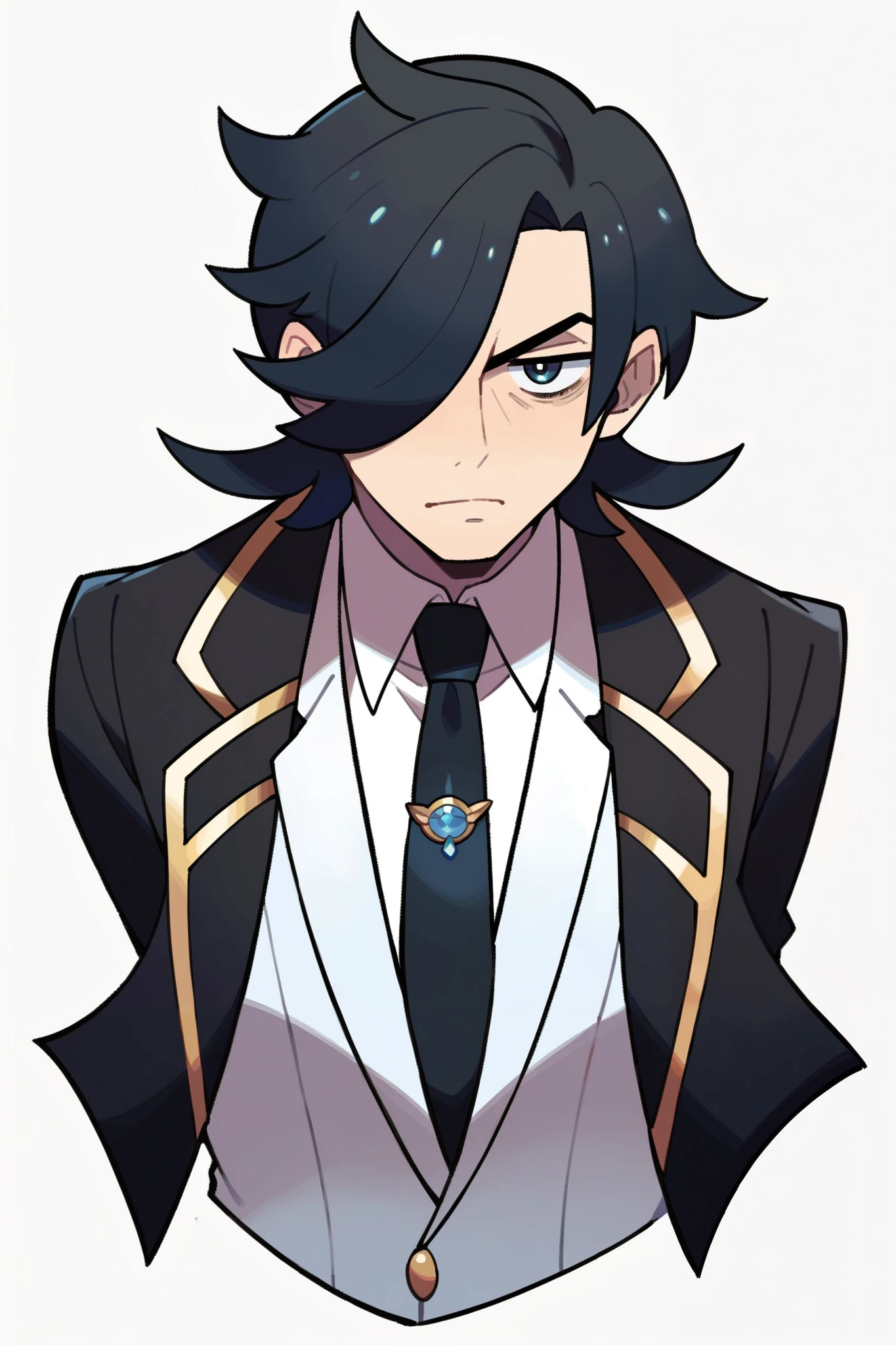 score_9, score_8_up, score_7_up, pokemon pokemon_(anime) pokemon_journeys pokemon_sv pokemon_bw2 1man elegant_suit black_hair dark_circles_under_eyes black_tie serious_expression battle_ready_pose sharp_focus standing detailed_face hyper_detailed, black hair, elegant suit, black tie, dark circles under eyes.