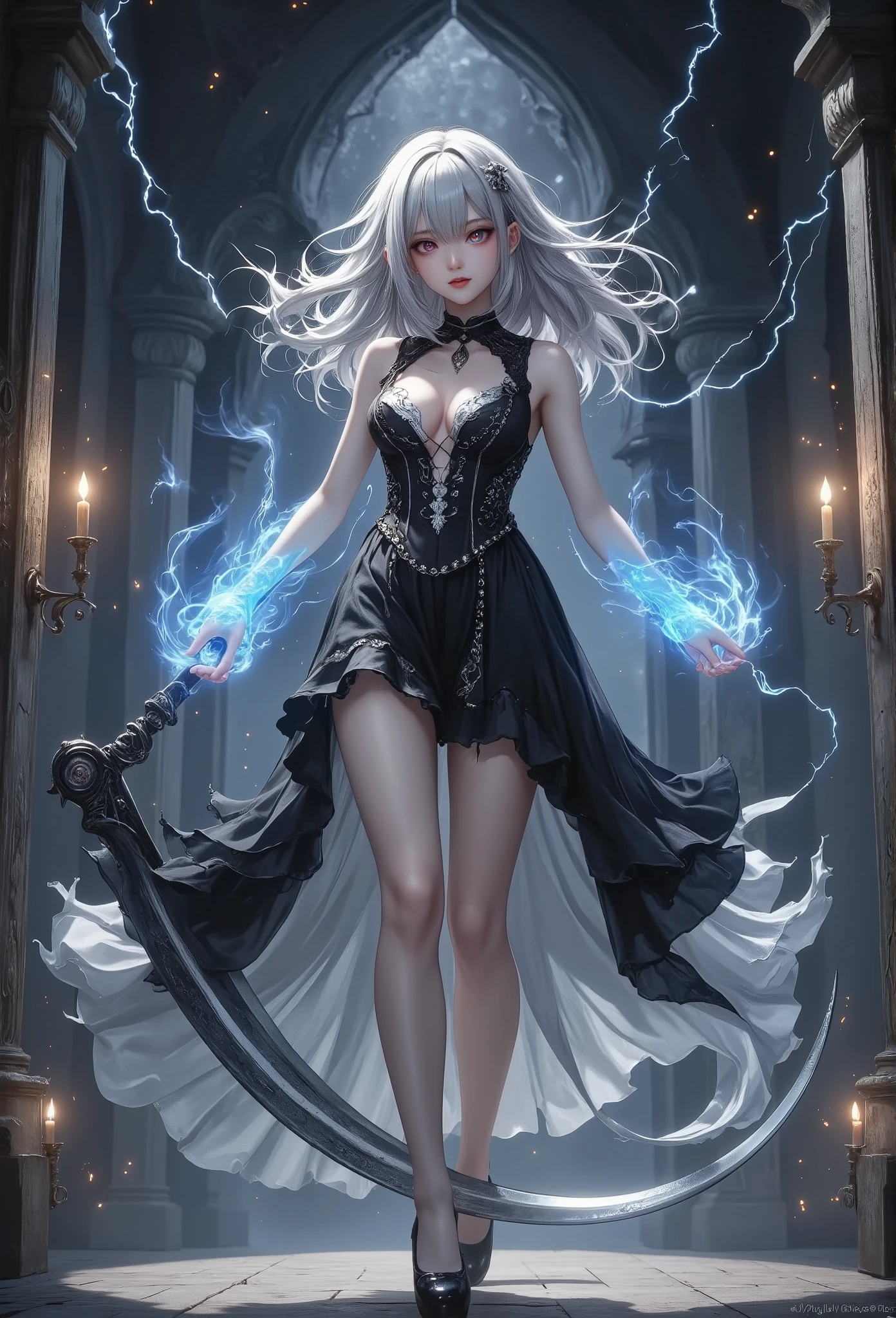 masterpiece, best quality, dark gothic style,ultra-detailed, a confident white-haired girl wielding a large scythe, her body leaning slightly forward with one leg stepping out, as if taunting or daring someone to approach, her eyepatch partially obscures one of her sharp, red eyes, giving her a mysterious and dangerous look, her long, silver hair cascades down her back, flowing as if caught in an invisible current, she wears a gothic-style dress that is torn and tattered at the edges, adorned with pearls and bones, giving a sense of ancient power, her hands glow with blue ethereal flames, swirling and dancing around her, creating a mystical aura, her expression is one of amusement mixed with a hint of cruelty, as if she finds the situation entertaining, behind her, shadowy, abstract forms seem to writhe and pulse, giving life to the darkness, the background is dark and foggy, with occasional bursts of light from the blue flames illuminating the surrounding shadows, the overall atmosphere is eerie and foreboding, with the woman standing as the focal point, exuding both beauty and terror, the faint glint of the scythe’s blade adds a sense of anticipation, as if a battle is about to commence, her stance and the motion of her hair suggest a readiness to move, making the scene dynamic and full of tension.background\(Dark Fantasy style,illustration,best quality,dramatic lighting,Chiaroscuro,Impressionism style,underground cave,lightning illuminating the cave entrance,thick smoke drifting through the air,stalactites and stalagmites,wet glistening rock surfaces,ancient carvings on walls,glowing crystals emitting eerie light,shadowy pools of water,deep shadows,twisted roots breaking through the stone,haunting atmosphere,mystical fog in cool blue and gray tones\)