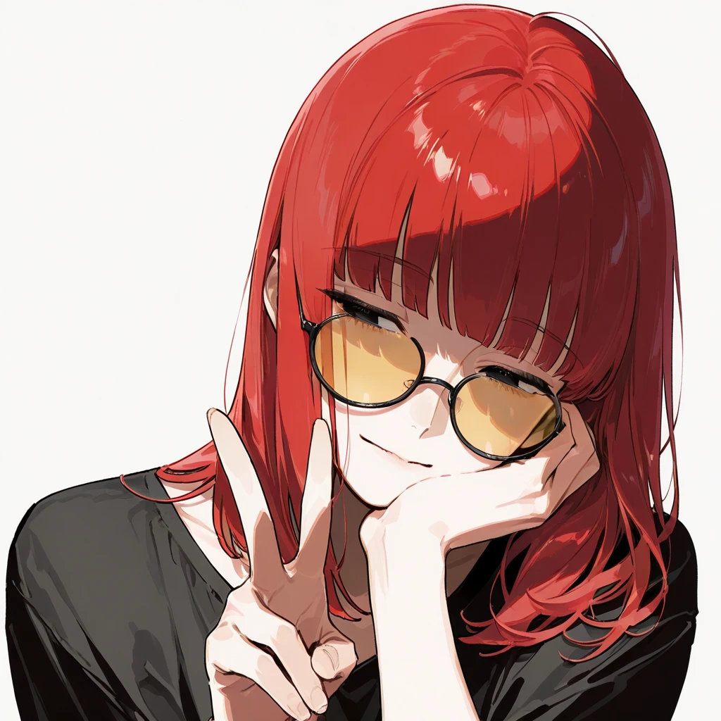 score_9, score_8_up, score_7_up, masterpiece, ultra-detailed, pretty eyes, 1man, solo,((Adult)), red hair, Medium hair,hime cut,, half closed eyes, Black Eyes, Black shirt, making a peace sign, Emotionalless, Black Round EYEWEAR, Yellow tinted eyewear, White background, Simple background,