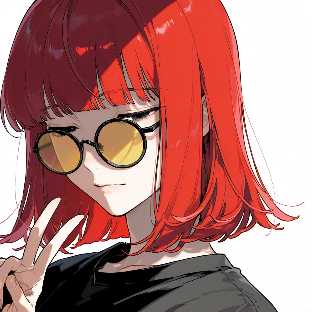 score_9, score_8_up, score_7_up, masterpiece, ultra-detailed, pretty eyes, 1man, solo,((Adult)), red hair, Medium hair,hime cut,, half closed eyes, Black Eyes, Black shirt, making a peace sign, Emotionalless, Black Round EYEWEAR, Yellow tinted eyewear, White background, Simple background,