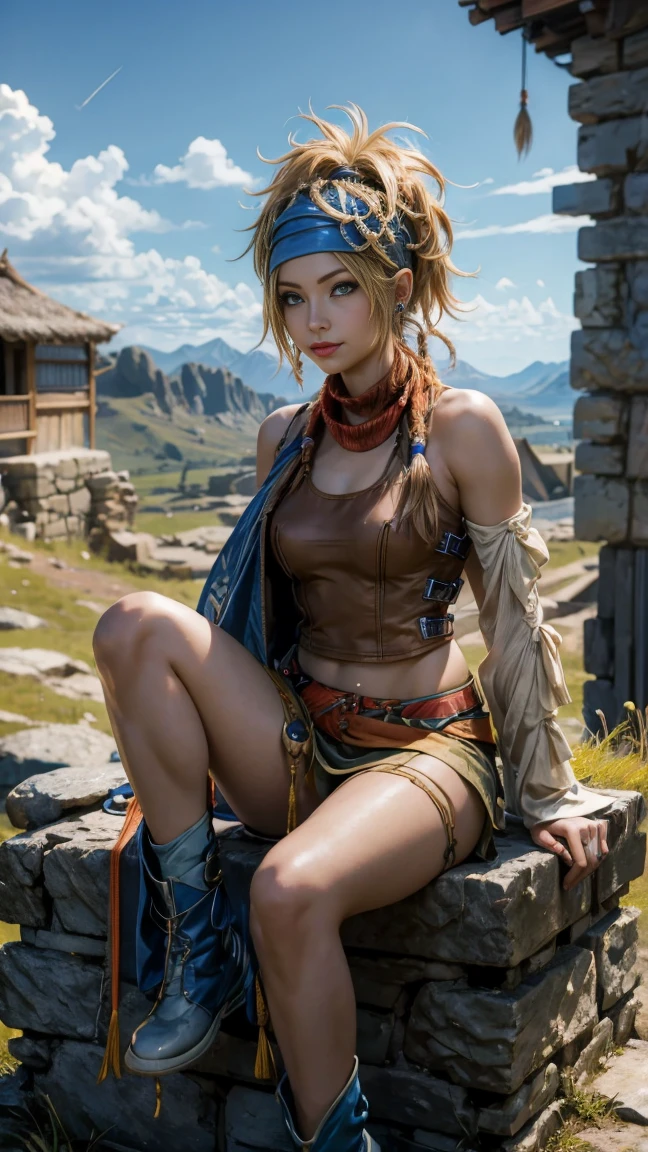 Rikku, the vibrant and lively Vygasian heroine from Final Fantasy X-2, is depicted in this stunning image. She sits confidently on an old stone wall, with one leg crossed over the other, exuding an aura of strength and determination. A gentle breeze playfully ruffles her short bobbed hair, adding an element of dynamism to the scene. Rikku's trademark blue and white mini-dress adorned with loops and pockets is visible, as well as her signature bandana around her neck. With a smirk on her lips and her piercing blue eyes focused intently on the viewer, Rikku strikes an utterly captivating pose.