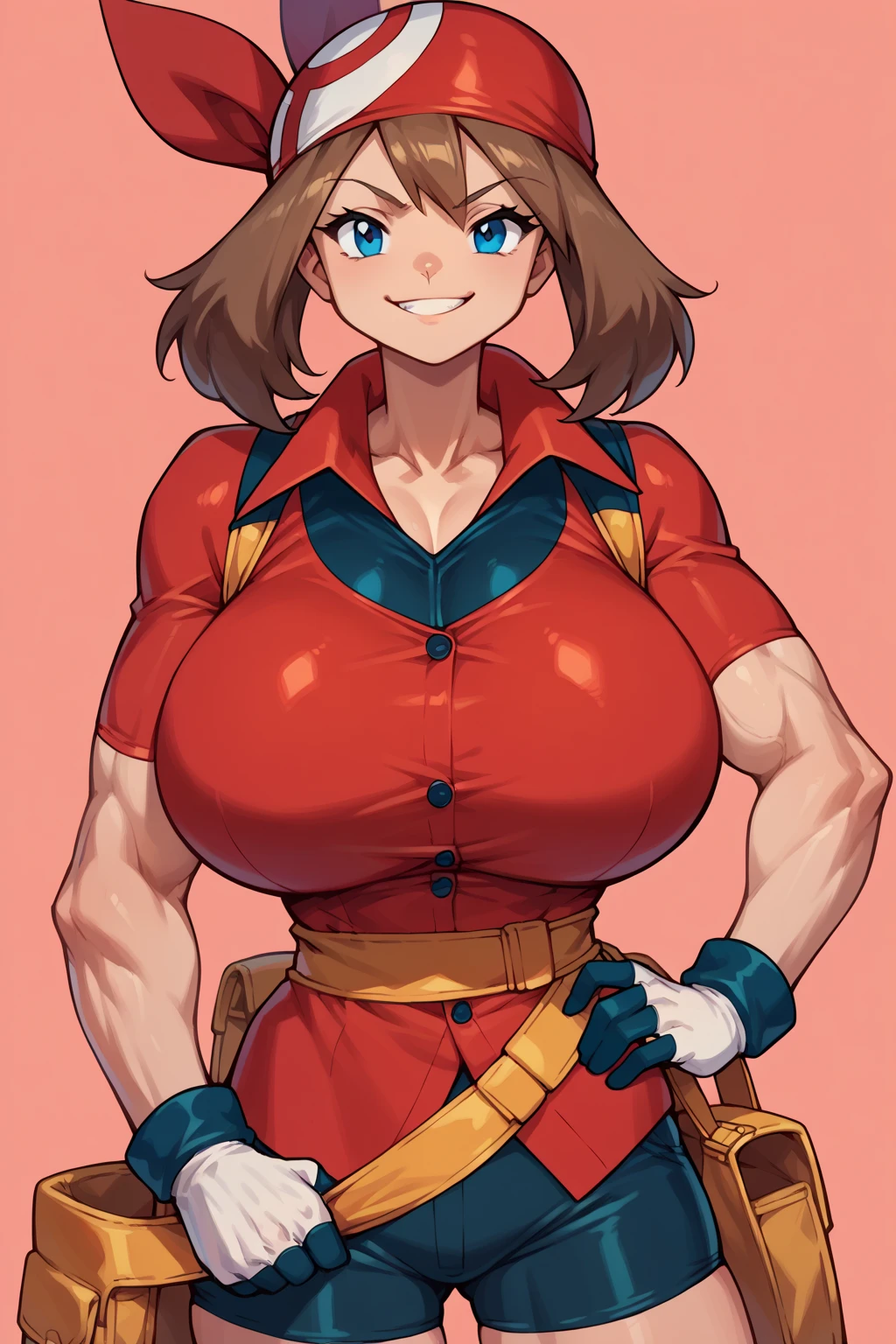 score_9, score_8_up, score_7_up, score_6_up, BREAK, MayPXL, solo, blue eyes, brown hair, short hair, torso, smug smile, 
gigantic bust, toned, muscles, hourglass body, 
red bandana, red shirt, short sleeves, gloves, black shorts, open shirt,