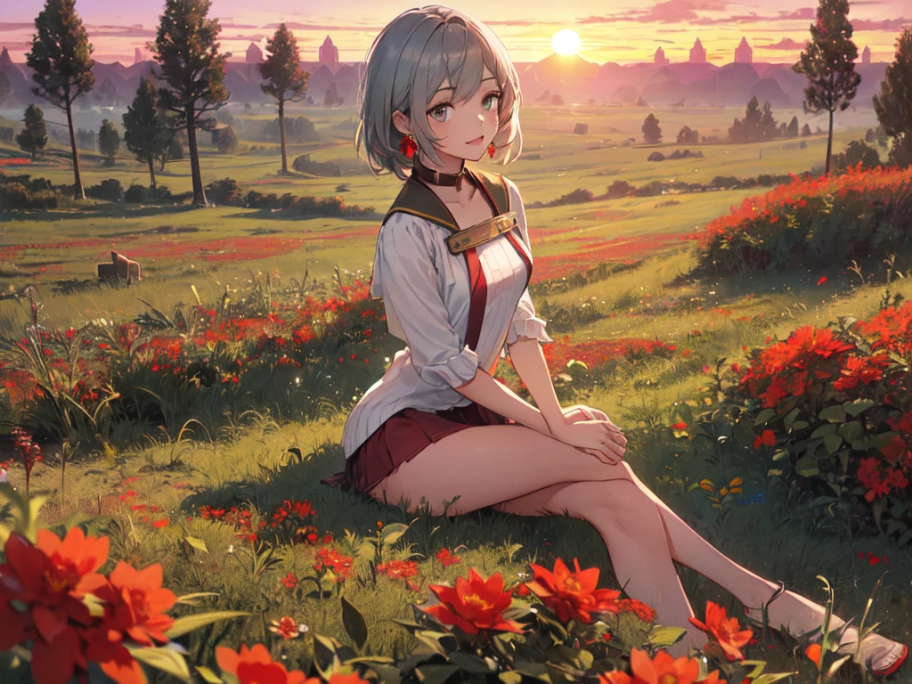 (Solo:2), (One young woman:2), (Small butt, small breasts), Cleavage, (Human ears, earrings), Silver hair, Hair accessories, Earrings, (Sitting cross-legged:2), (Modest toothy smile), (Pink cable knit sweater), (Green miniskirt), (Leather suspenders), (Grassland surrounded by lots of red flowers:2), (Sunset:2), (Focus on breasts), (Accurate body structure, Accurate hand structure, Accurate finger structure, Best quality, High resolution, 8K, High quality, Detailed, Delicate, Detailed)