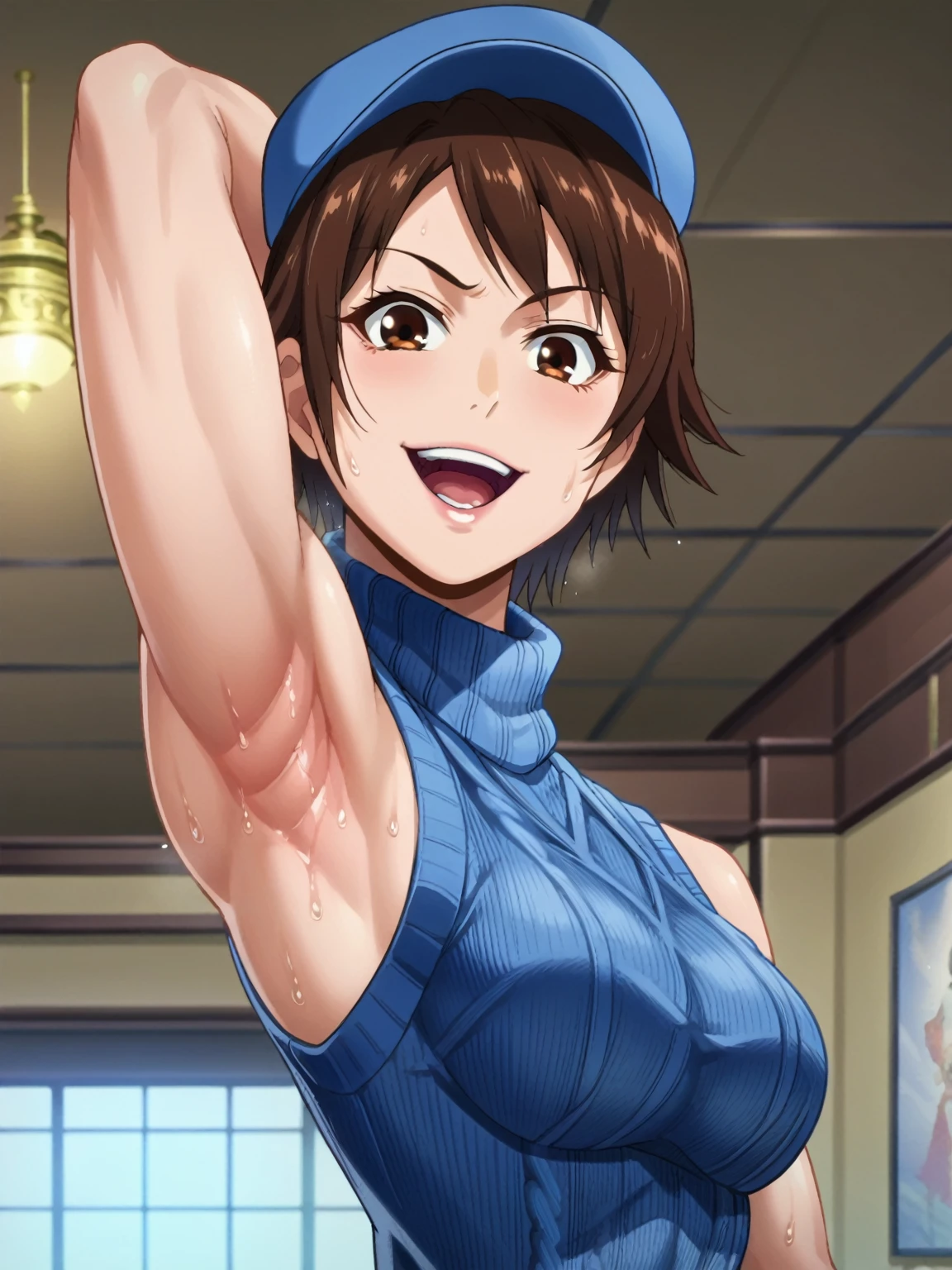 score_9, score_8_up, score_7_up, source_anime, anime screencap, 1girl, solo, Asuka kazama, short hair, brown hair, brown eyes, blue sweater, sleeveless sweater, ribbed sweater, turtleneck, sleeveless, bare shoulders, arm behind head, armpit, muscle, arms muscle, looking at viewer, head towards viewer, smile, opened mouth, badhandv4, indoors, from side, (from below:1.1), sweaty armpits, blue hat, blue arm sleeve