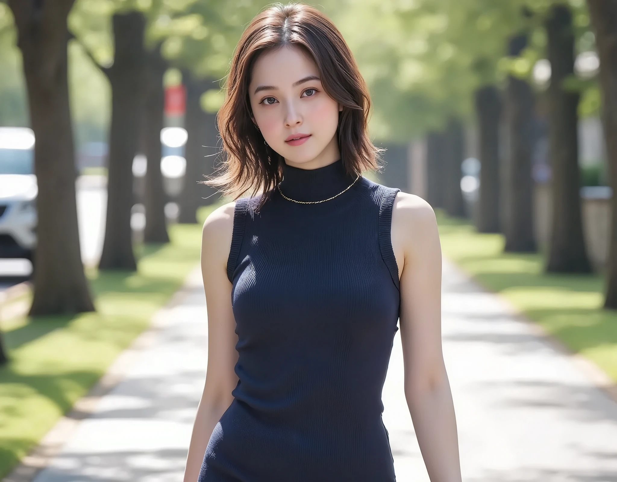 NSFW, (Highest quality), (Ultra-precise CG 16K wallpaper), (Realistic: 1.6), (High saturation), (Sharp), Beautiful detailed shading, Beautiful natural lighting, Beautiful detailed glow, Perfect anatomy, Composition in which the person fills the screen, Bright sunlight in the daytime, Natural light, Depth of field, (Mature 24 year old woman, One person: 1.6), (Very beautiful Japanese face), (Sasaki Nozomi), (Soft wavy short bob hair: 1.6), (Shiny black hair), (Sparkling eyes), (C cup size breasts, cleavage, slim thighs: 1.6), (Beautiful breasts), (Beautiful legs), (Beautiful skin), Beautiful proportions, (Half-open mouth, serious face: 1.0), (looking at me: 1.6), (Wearing a turtleneck sleeveless navy blue ribbed knit mini dress: 1.6), (Wearing a chain necklace), (Walking pose: 1.6), (Tree-lined road), (Full screen image:1.8), (full body shot:1.6), (image of a woman looking from the front:1.6), (woman walking down a tree-lined street:1.6),