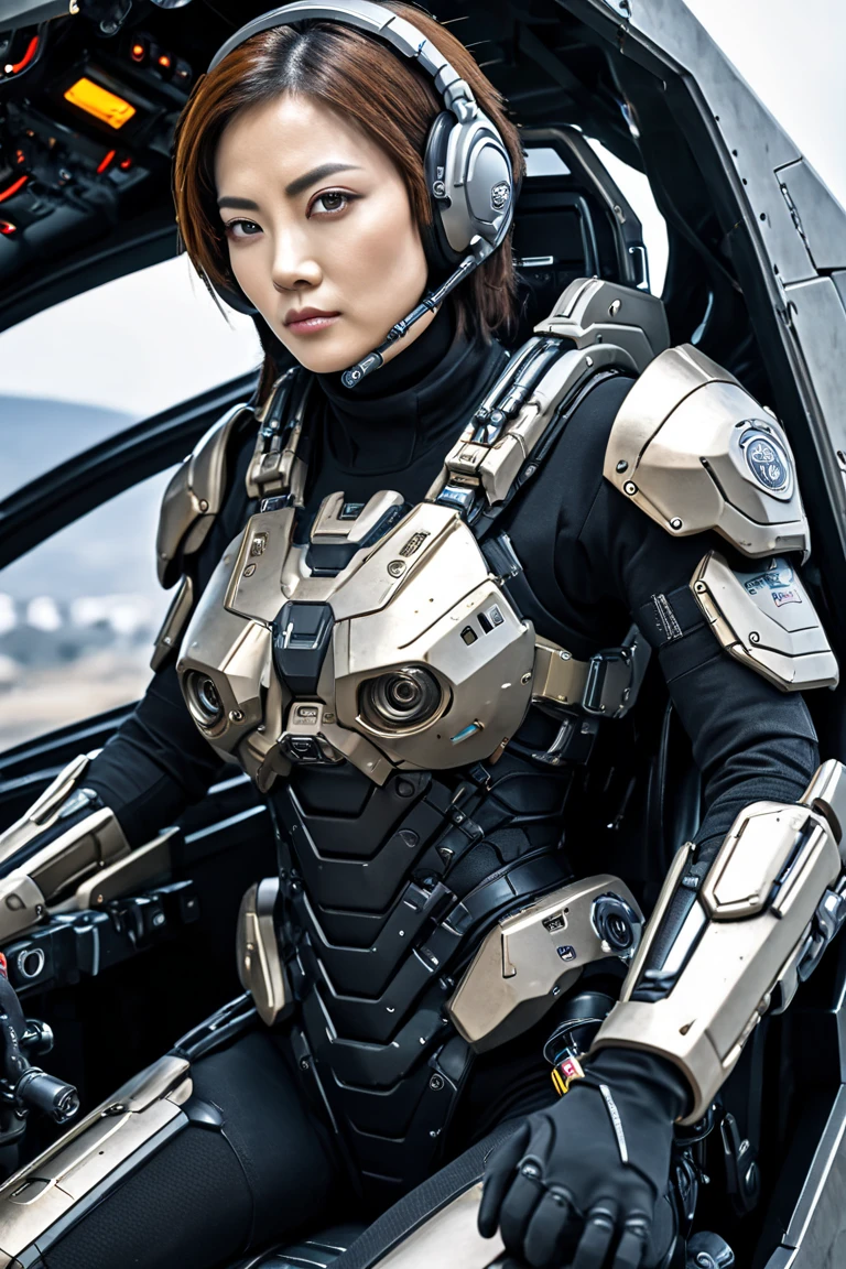  High Definition Female Photo , SF Soldier , 30 years old, ( Female Mercenary's Robotic Warrior , ( Bulletproof Armor on a Mecha )),  sits like a queen ,  Stately and Dignified ,  Very Dissatisfied , (earphone,  Strong and Beautiful Eyes , ( Female Bodybuilder's Body ),  8K Ultra HD ,  original photo, Model photo shoot,  detailed skin ,  look at the side ,  Taken from the front , (( Female Pilot Seated in the Mecha Cockpit), Looking at the camera),  upper body)