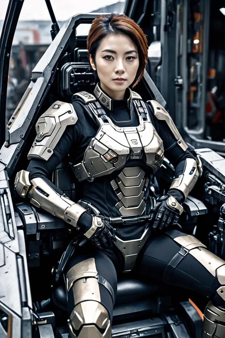  High Definition Female Photo , SF Soldier , 30 years old, ( Female Mercenary's Robotic Warrior , ( Bulletproof Armor on a Mecha )),  sits like a queen ,  Stately and Dignified ,  Very Dissatisfied , (earphone,  Strong and Beautiful Eyes , ( Female Bodybuilder's Body ),  8K Ultra HD ,  original photo, Model photo shoot,  detailed skin ,  look at the side ,  Taken from the front , (( Female Pilot Seated in the Mecha Cockpit), Looking at the camera),  upper body)