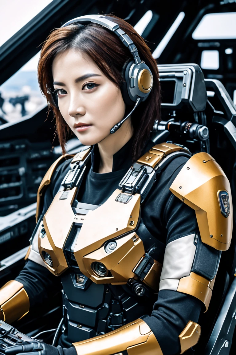  High Definition Female Photo , SF Soldier , 30 years old, ( Female Mercenary's Robotic Warrior , ( Bulletproof Armor on a Mecha )),  sits like a queen ,  Stately and Dignified ,  Very Dissatisfied , (earphone,  Strong and Beautiful Eyes , ( Female Bodybuilder's Body ),  8K Ultra HD ,  original photo, Model photo shoot,  detailed skin ,  look at the side ,  Taken from the front , (( Female Pilot Seated in the Mecha Cockpit), Looking at the camera),  upper body)