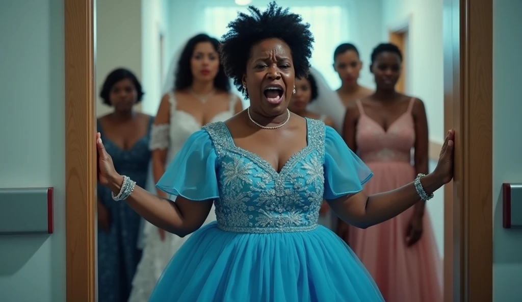 Generate an image of a black curvy bride crying and running out of a decorated wedding venue, motion trails and wind effect. guests are stunned and appalled. wide view